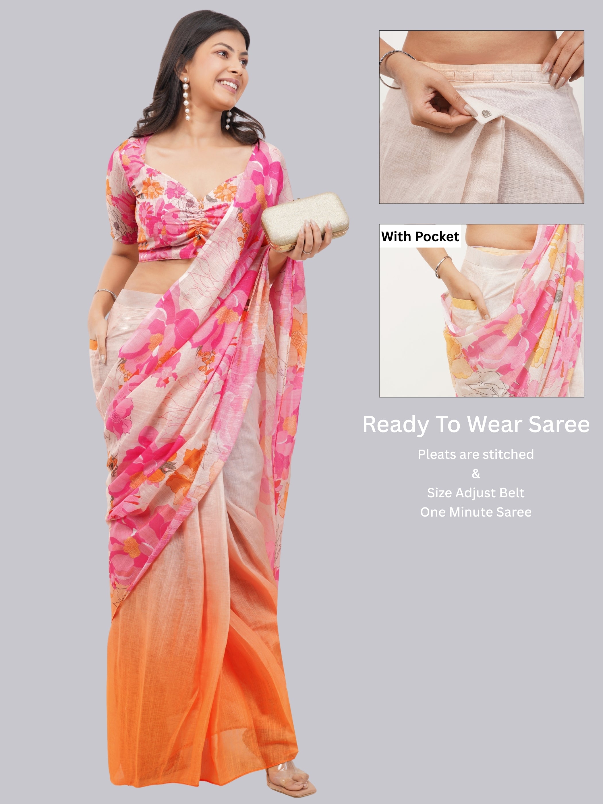 Samantha Peach & Pink Floral Ombre Linen Ready-to-Wear Saree with Pocket