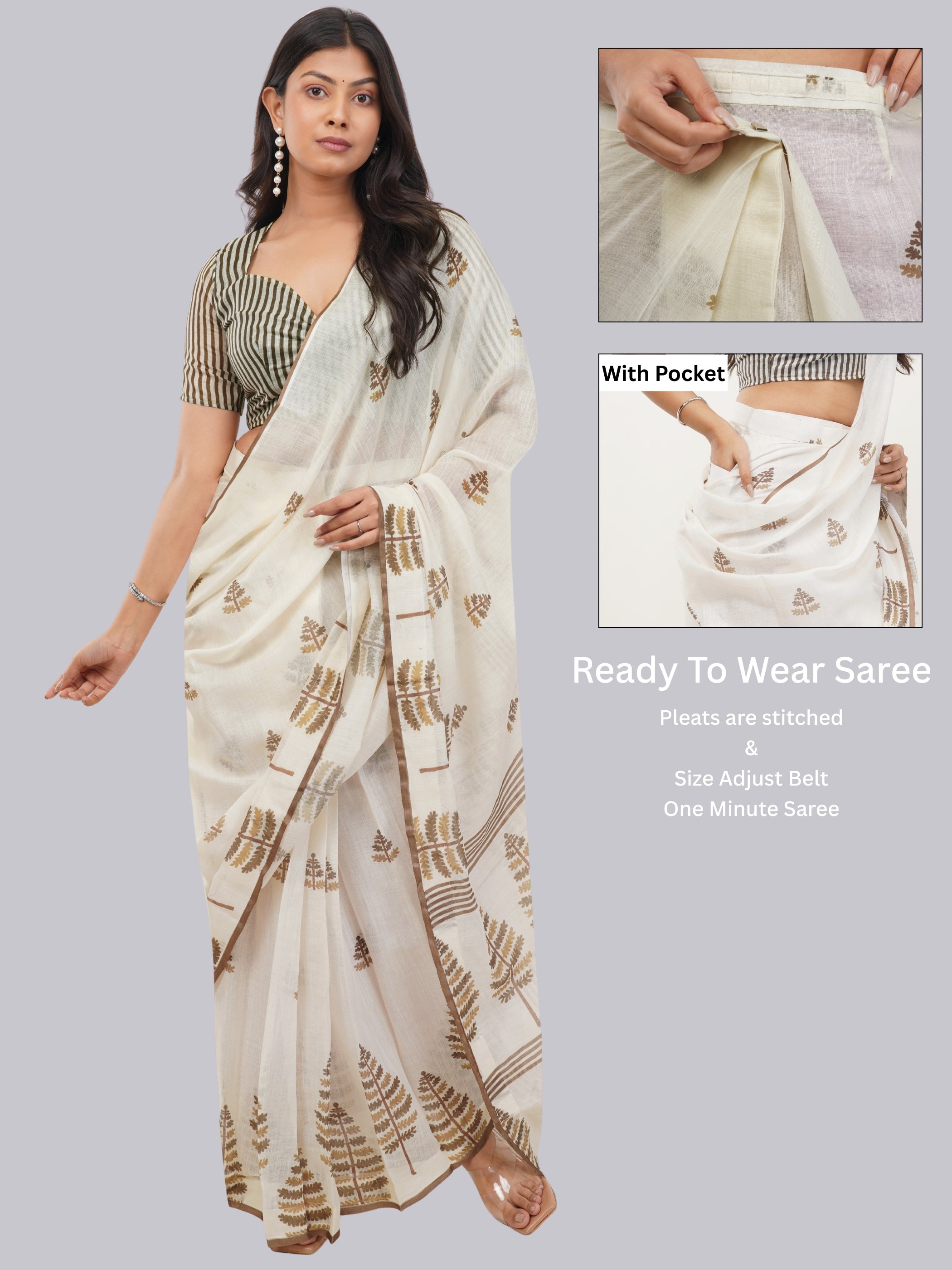 Samantha Off White Tree Motif Printed Linen Ready-to-Wear Saree with Pocket