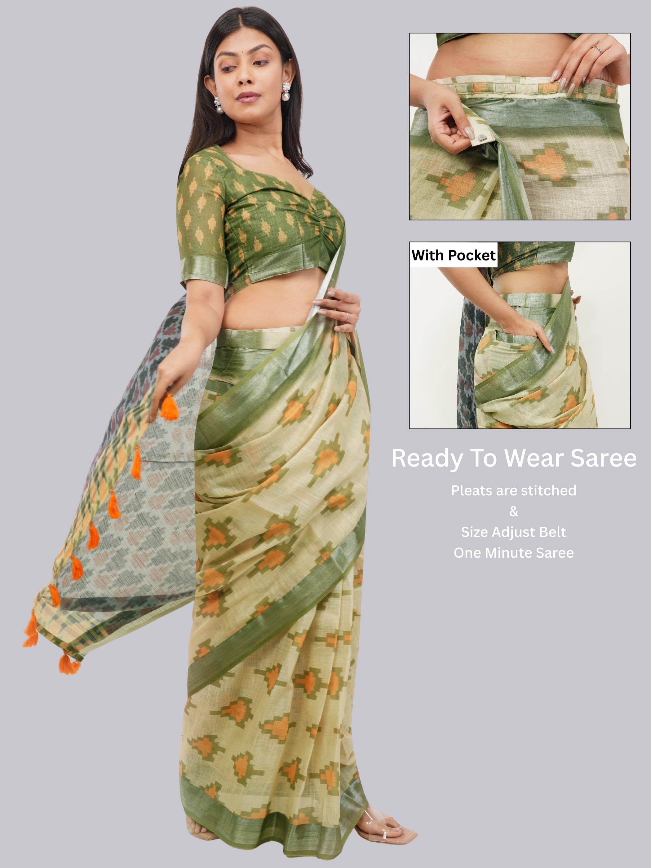 Samantha Pista Green Ikat Printed Linen Ready-to-Wear Saree with Pocket