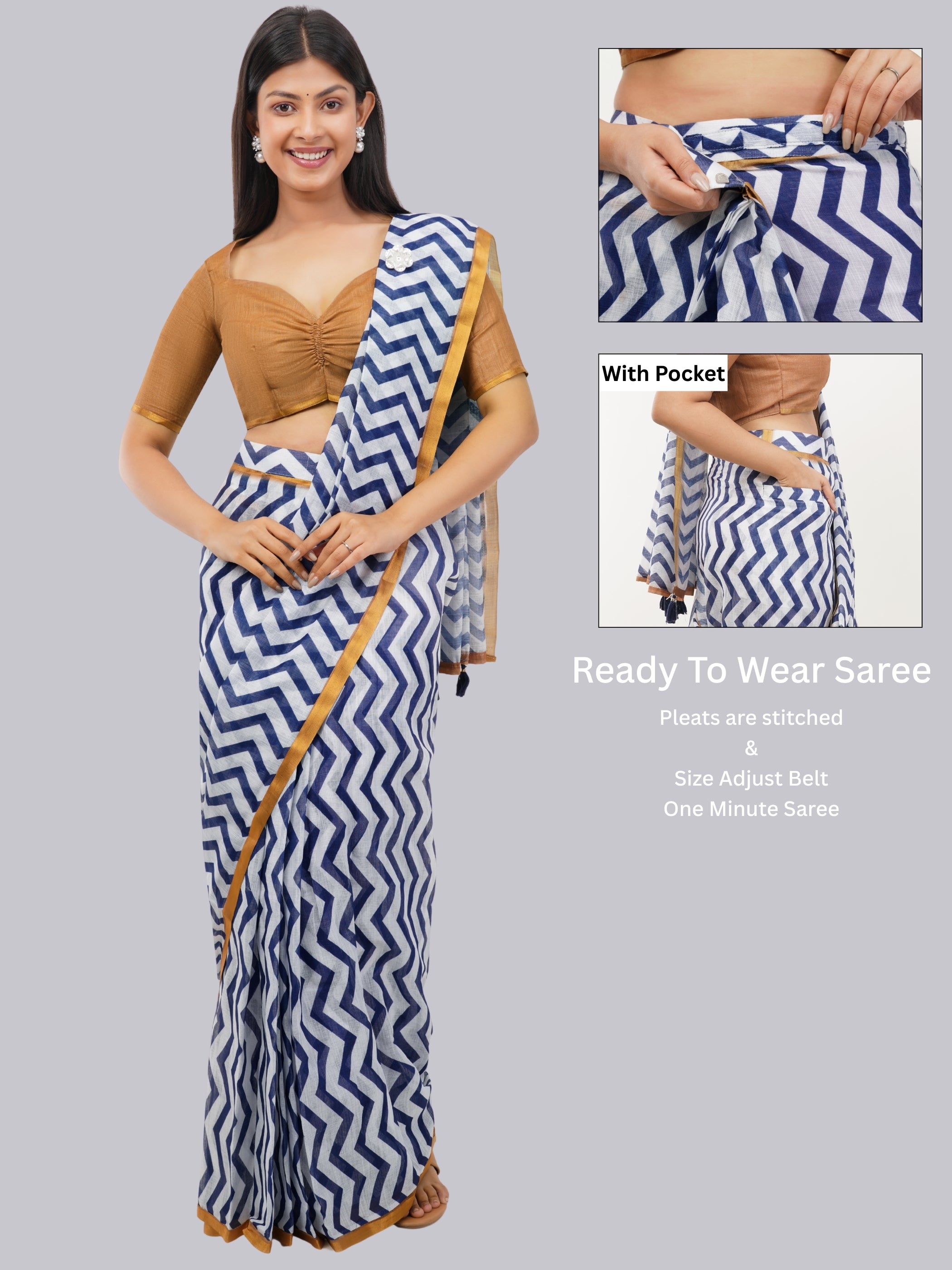 Samantha Blue & White Chevron Printed Ready-to-Wear Linen Saree with Pocket