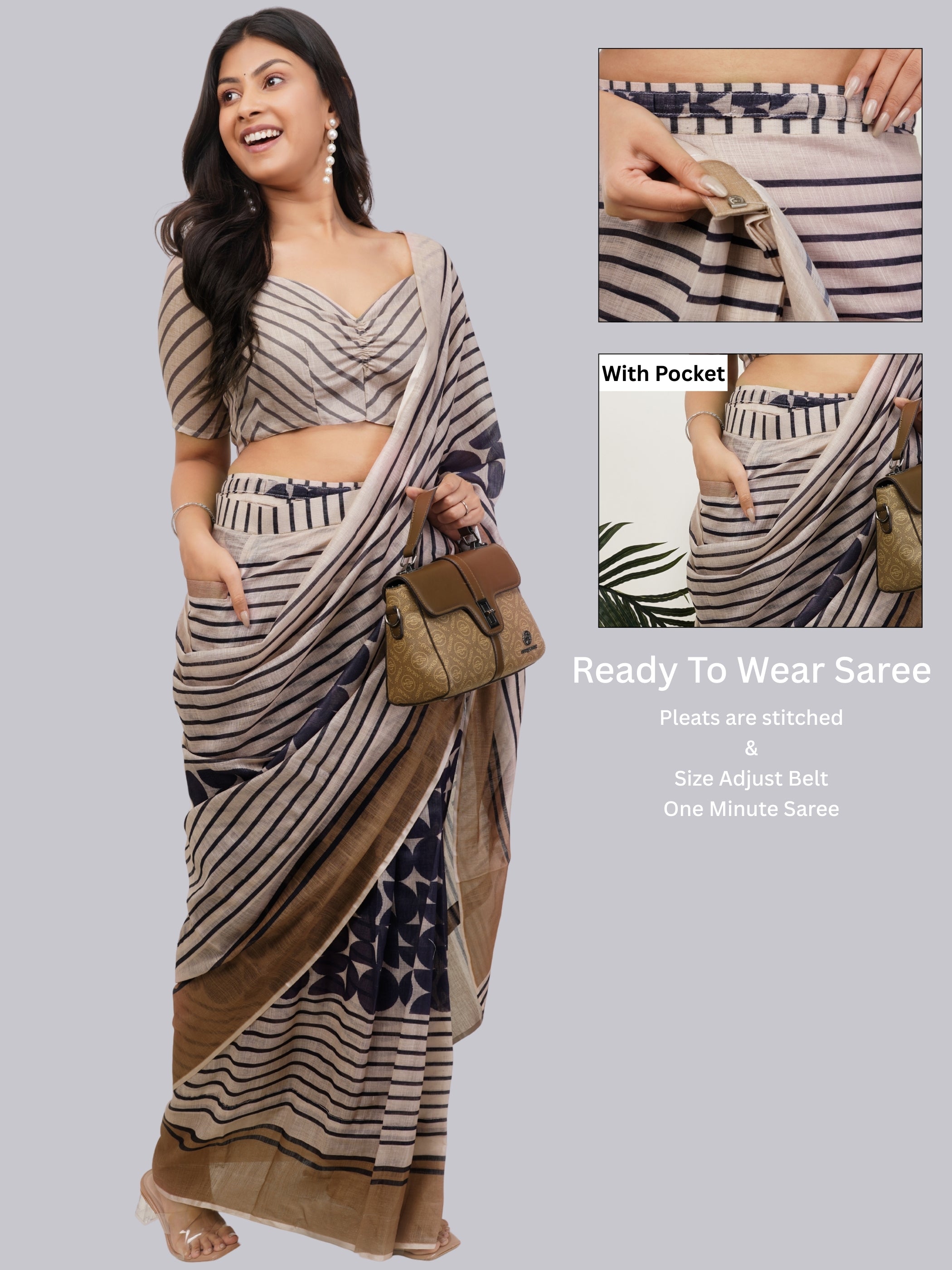 Samantha Sandalwood Beige Printed Ready-to-Wear Linen Saree with Pocket
