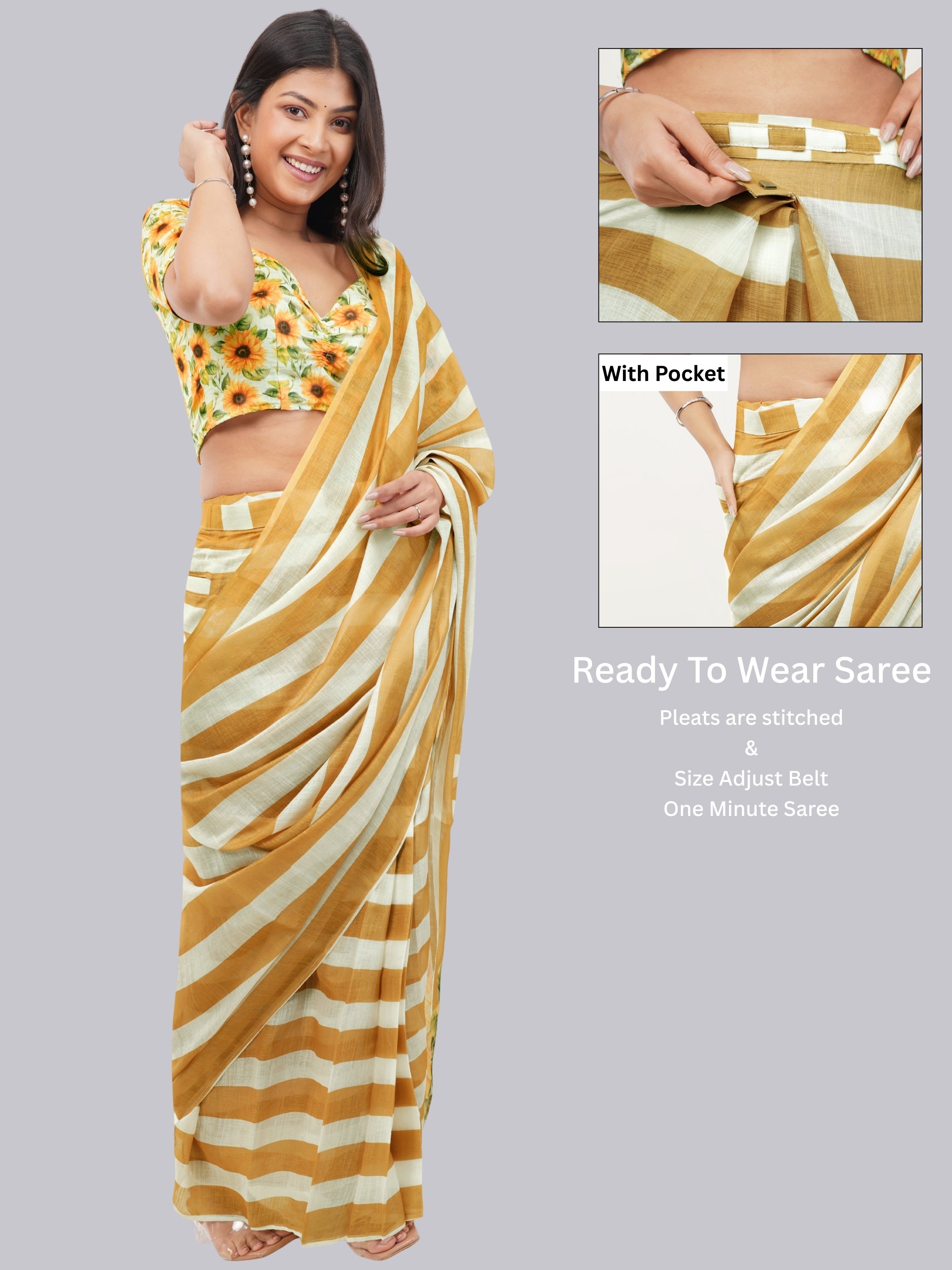 Samantha Sandalwood Sunflower Printed Ready-to-Wear Linen Saree with Pocket