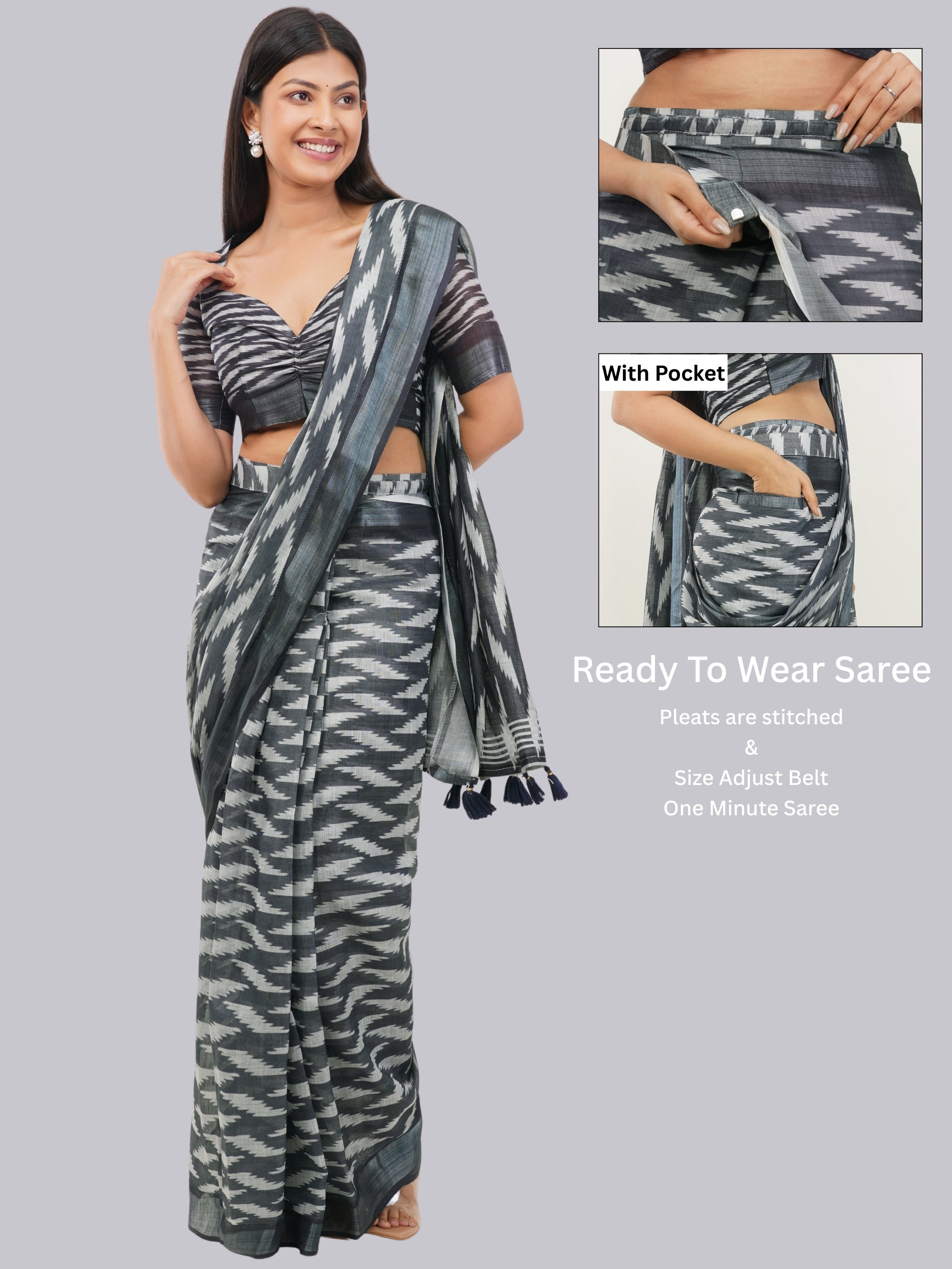 Samantha Silver Grey Ikat Printed Ready-to-Wear Linen Saree with Pocket