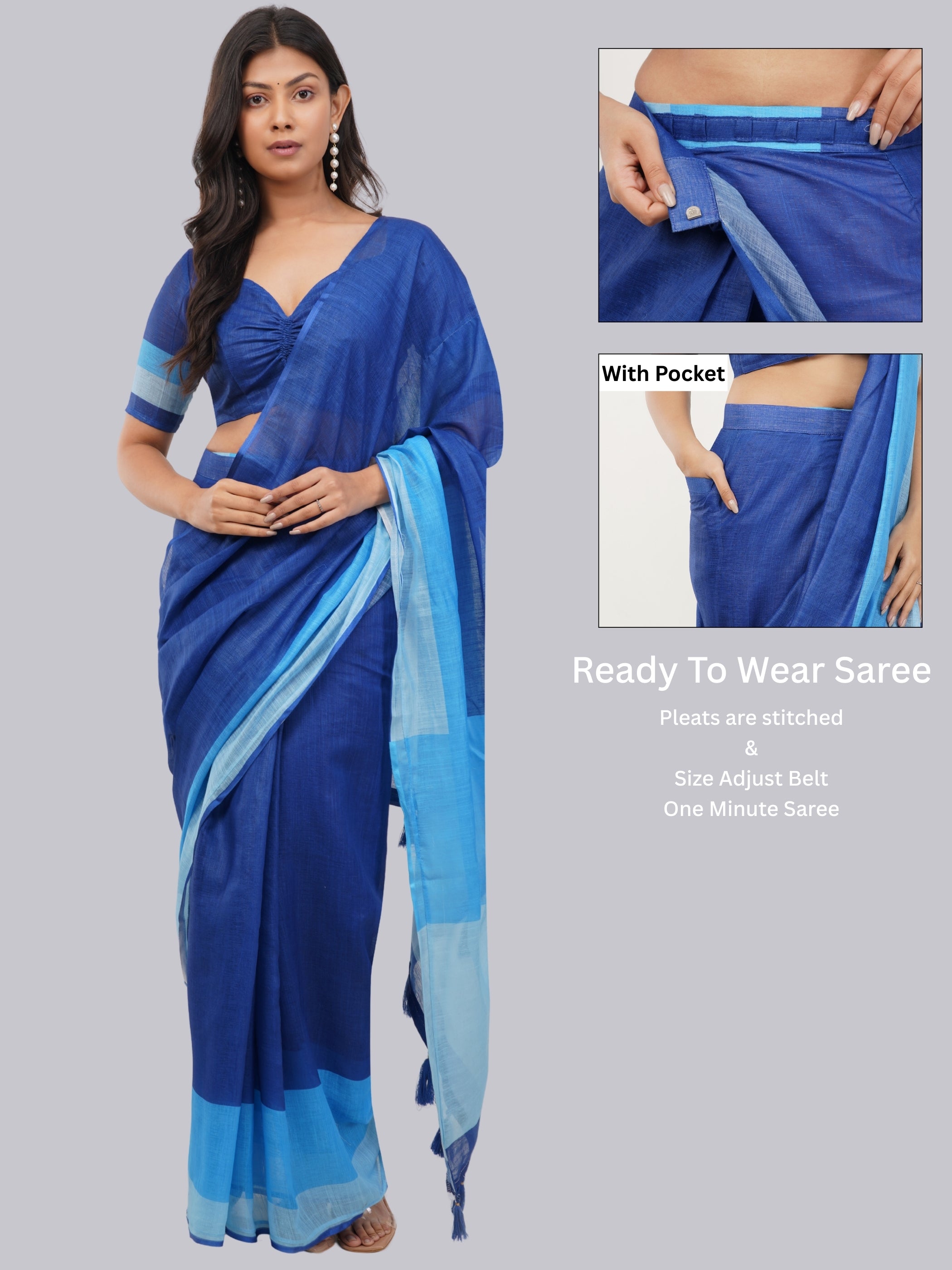 Samantha Royal Blue Color-Block Ready-to-Wear Linen Saree with Pocket