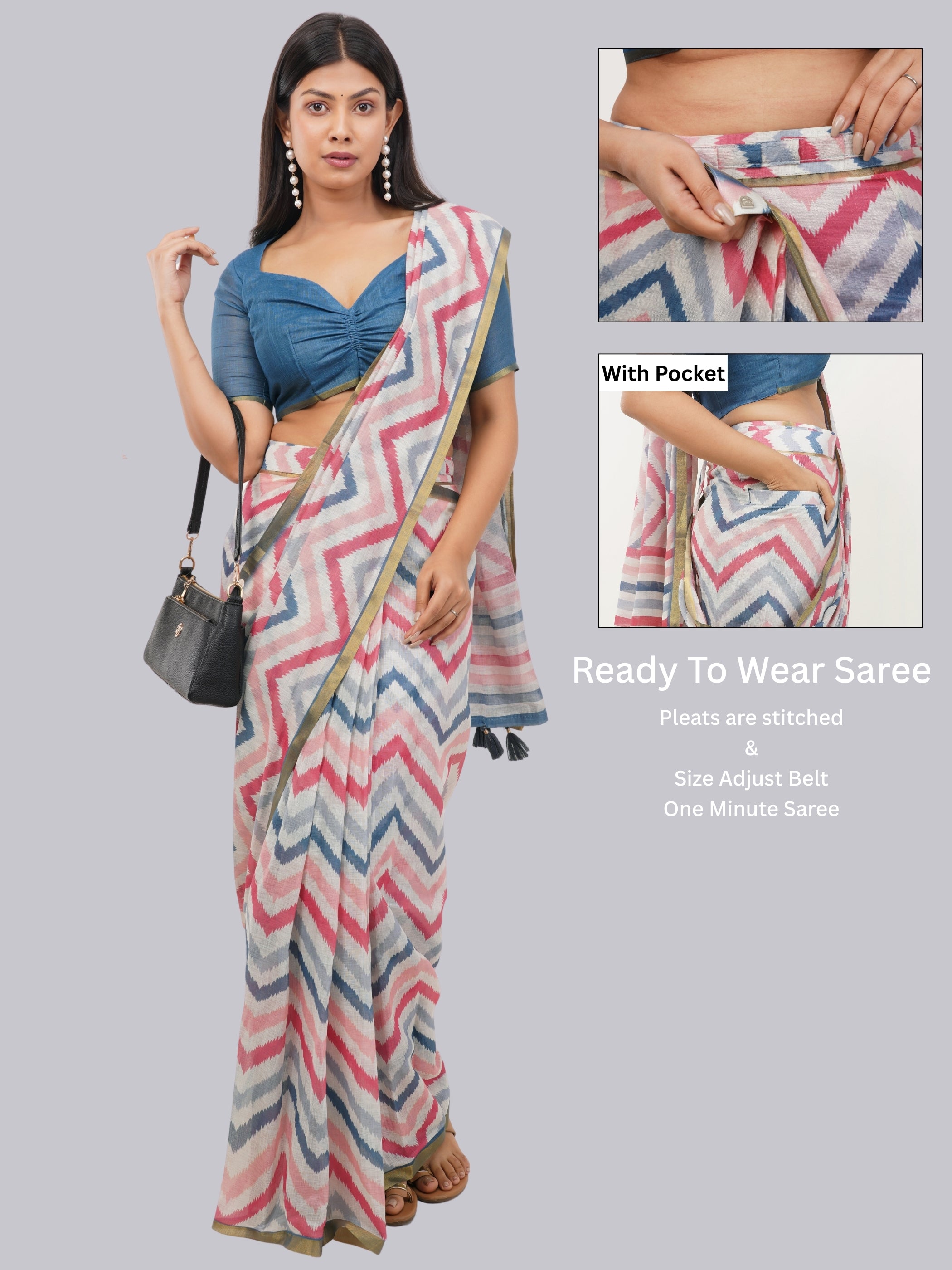 Samantha White Chevron Printed Ready-to-Wear Linen Saree with Pocket