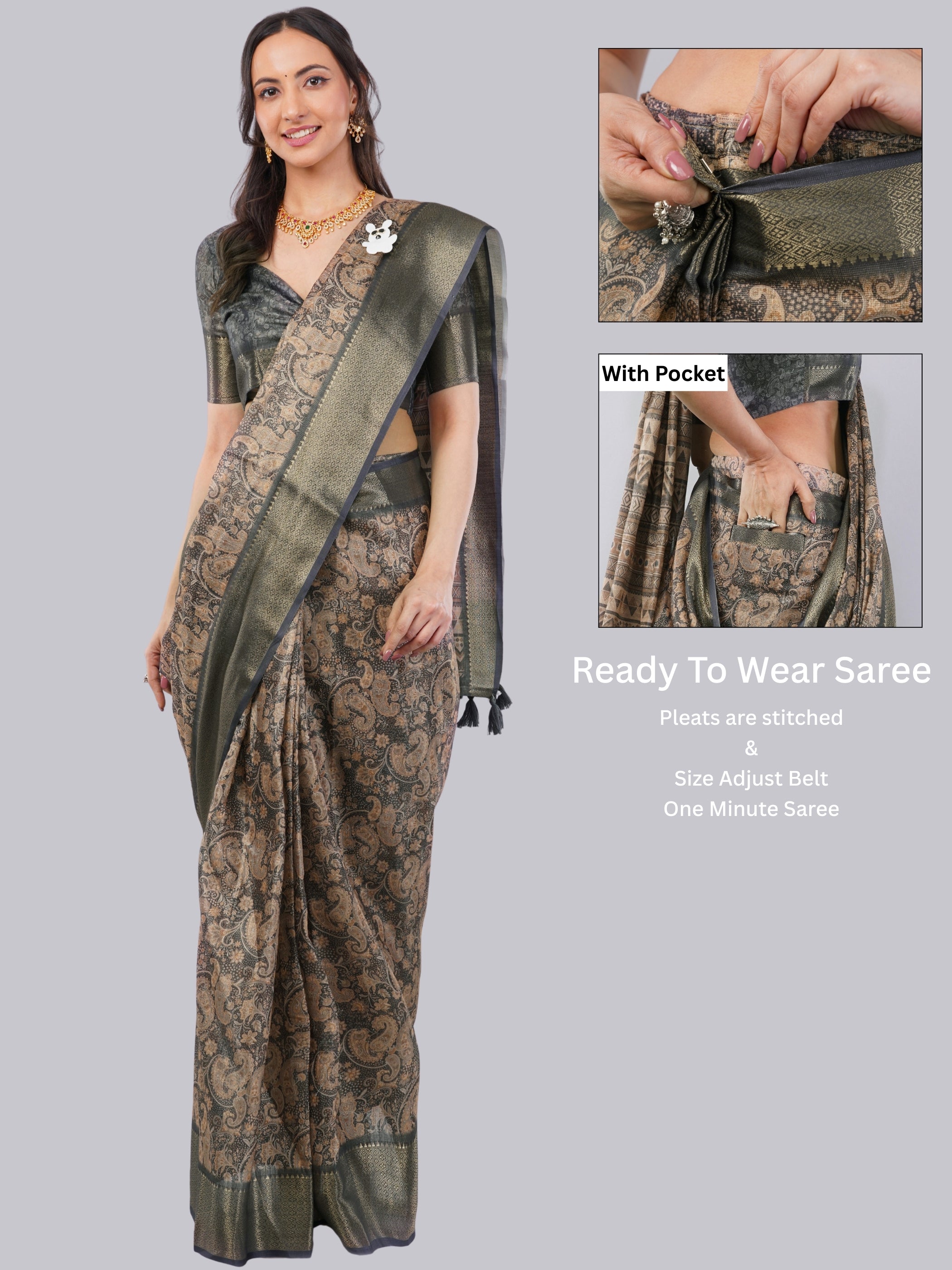 Rust & Charcoal Paisley Ready-to-Wear Saree with Pocket
