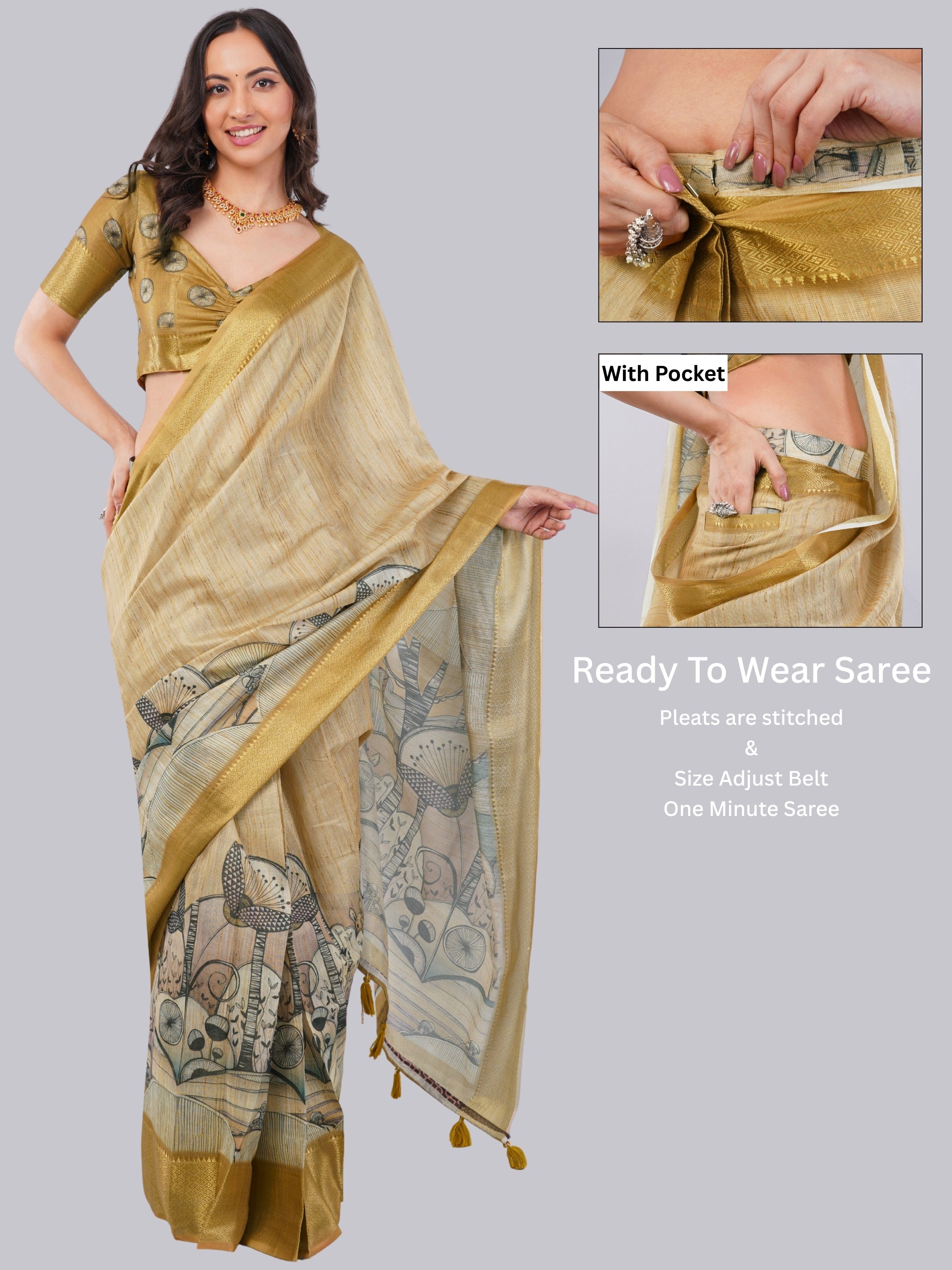 Golden Olive Ready-to-Wear Saree with Pocket