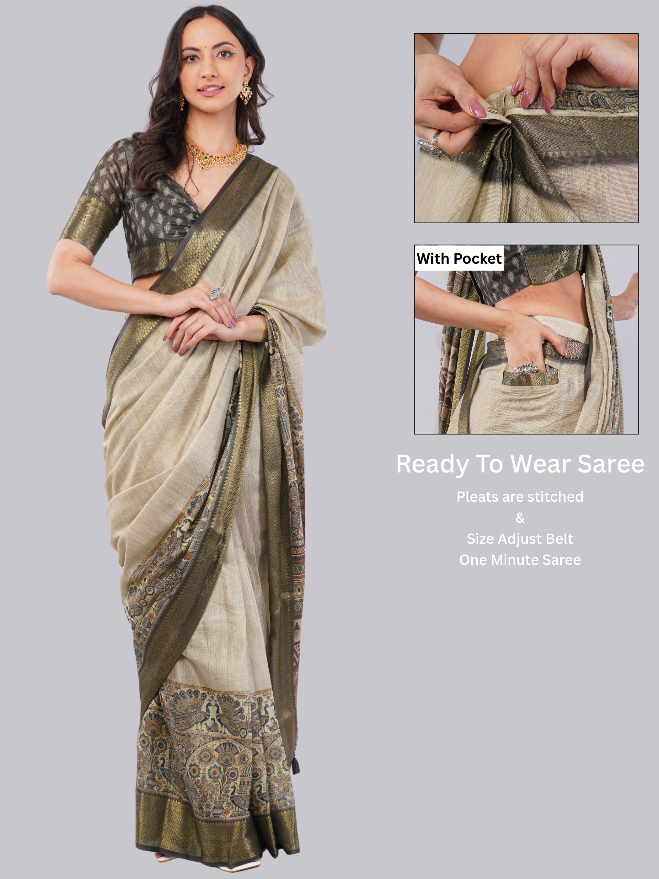 Earthy Grey Ready-to-Wear Printed Saree with Pocket