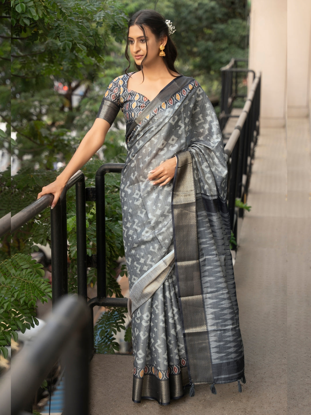Grey and Slate Ikat Print Saree with Zari Border and Coordinating Blouse