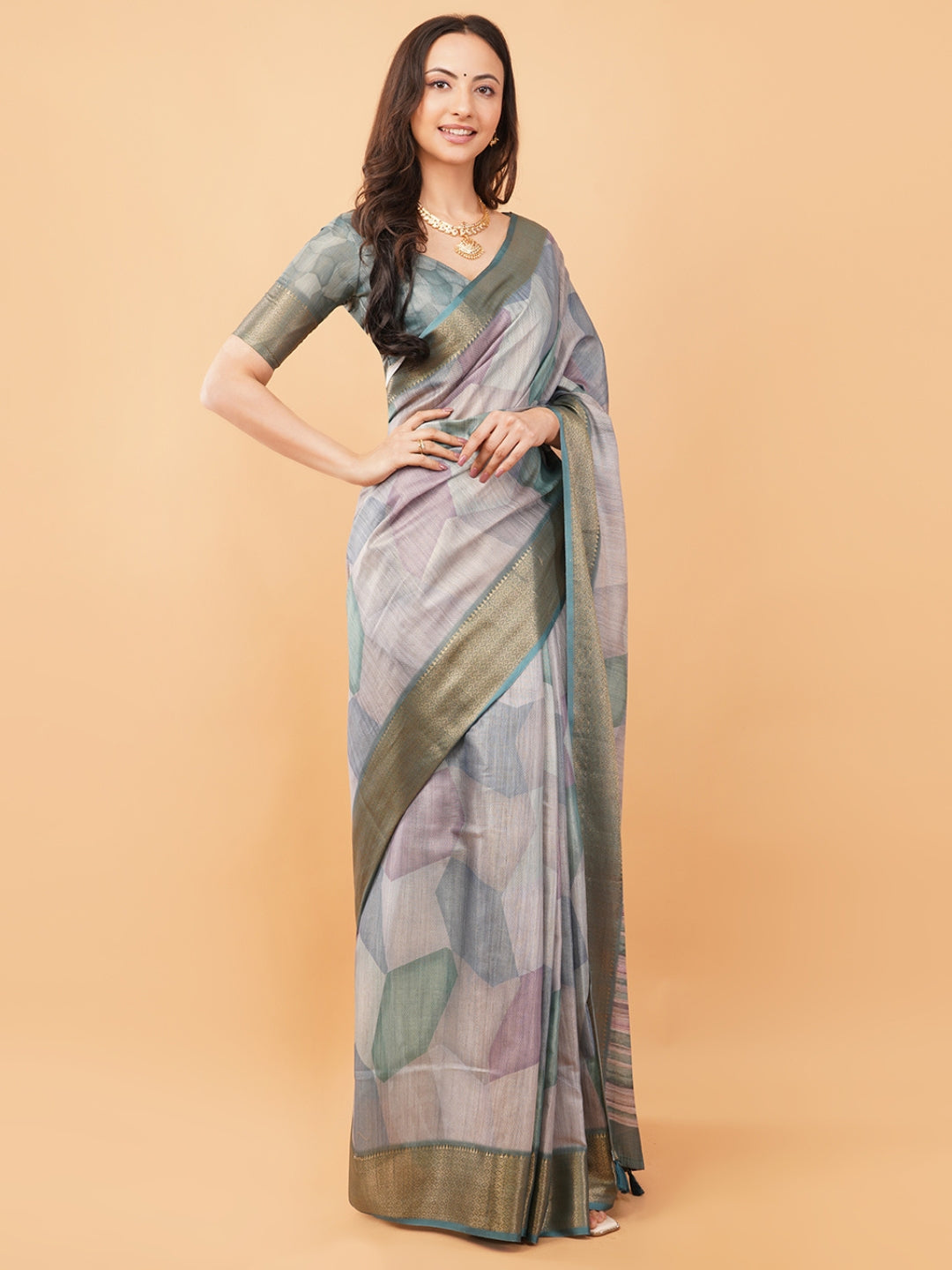 Multicolored Geometric Print Saree with Antique Zari Border