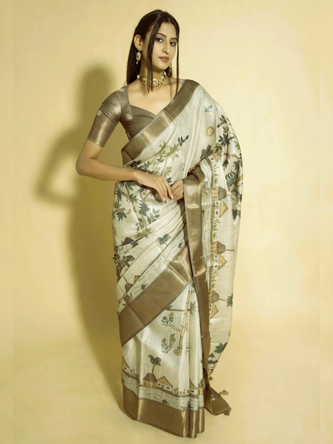 Off-White Illustrative Folk Art Saree with Dull Gold Zari Border