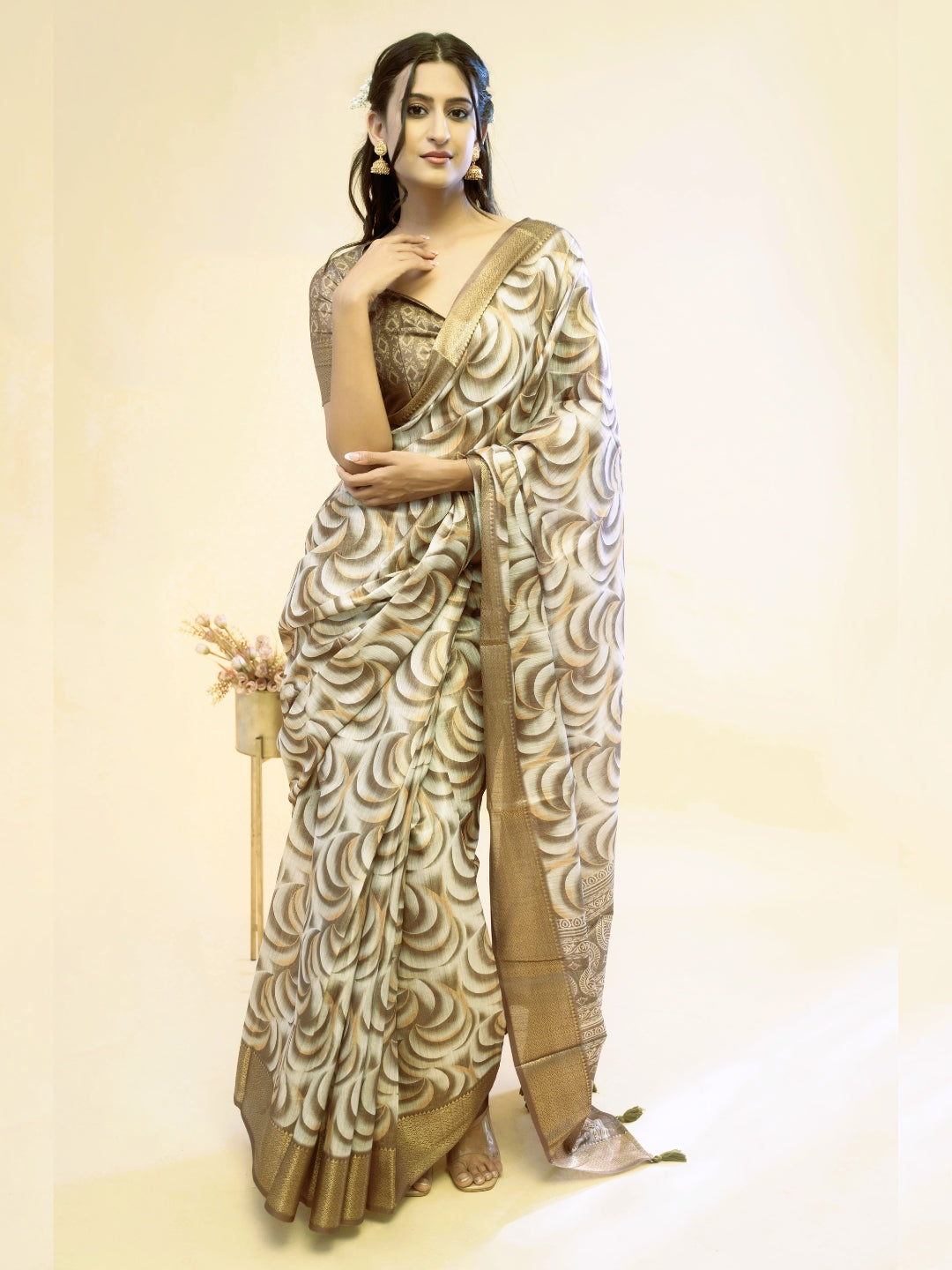 Bronze and Cream Abstract Wave Print Saree with Antique Gold Zari Border