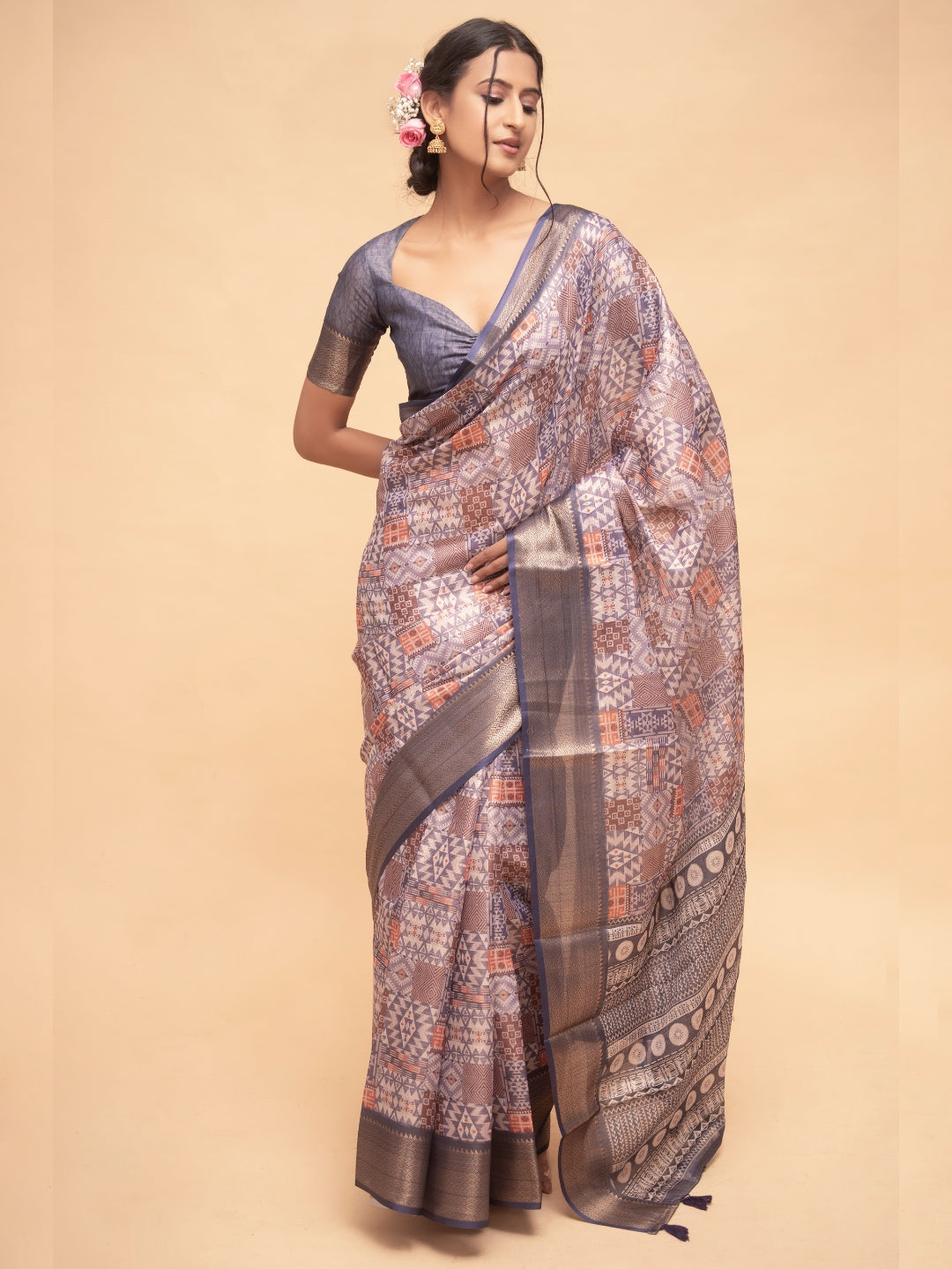 Mauve Floral Print Saree with Antique Gold Zari Border and Sweetheart Blouse