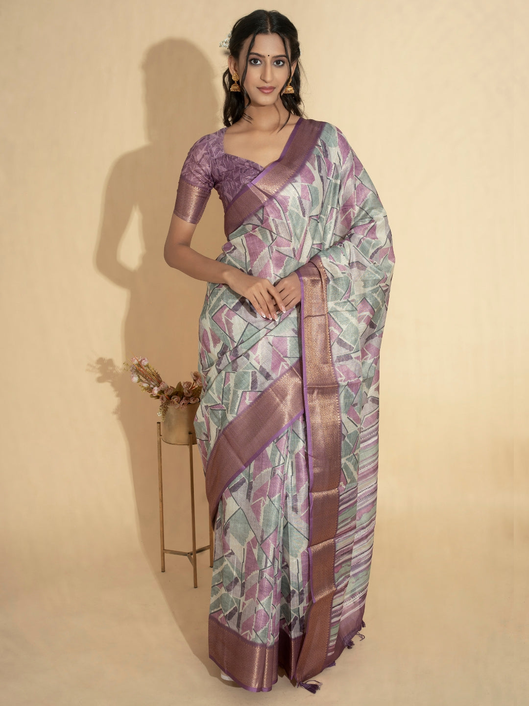 Lavender and Grey Abstract Geometric Print Saree with Copper Zari Border