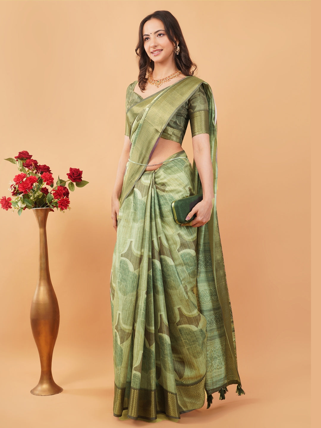 Geometric Mosaic Print Saree in Slate & Lavender with Antique Zari Border