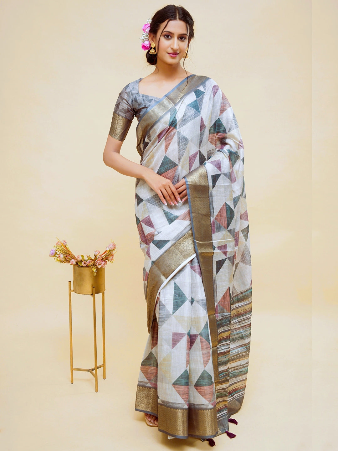 Grey and Mauve Geometric Triangle Print Saree with Bronze Zari Border