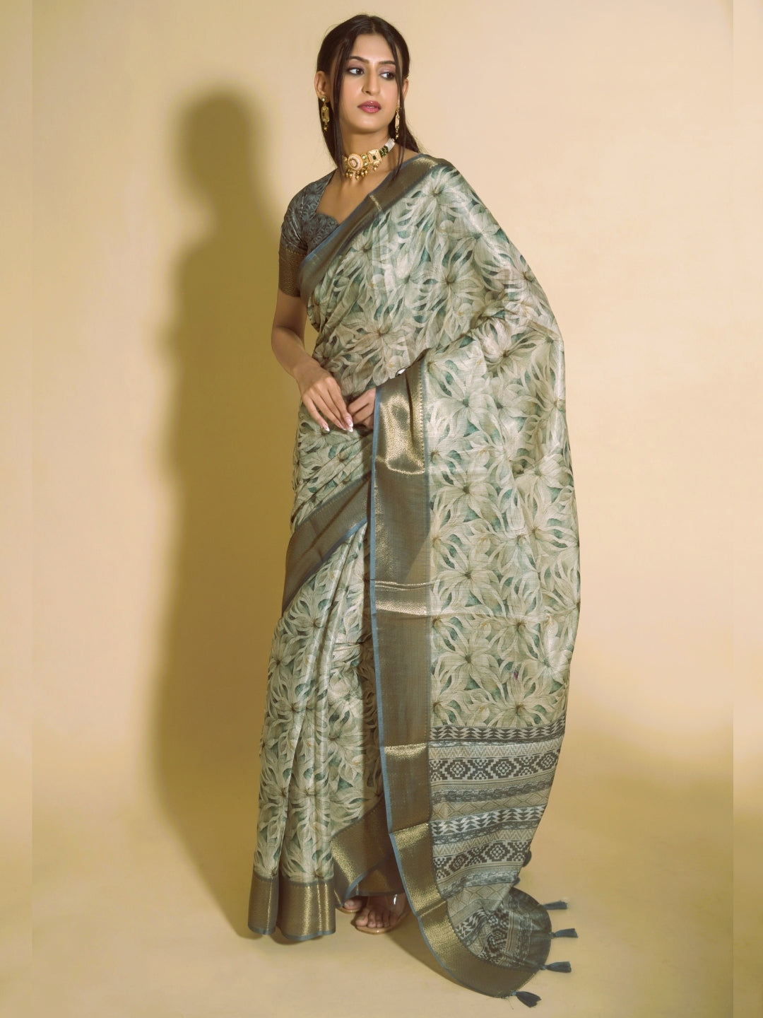 Steel Grey and Beige Floral Print Saree with Zari Border