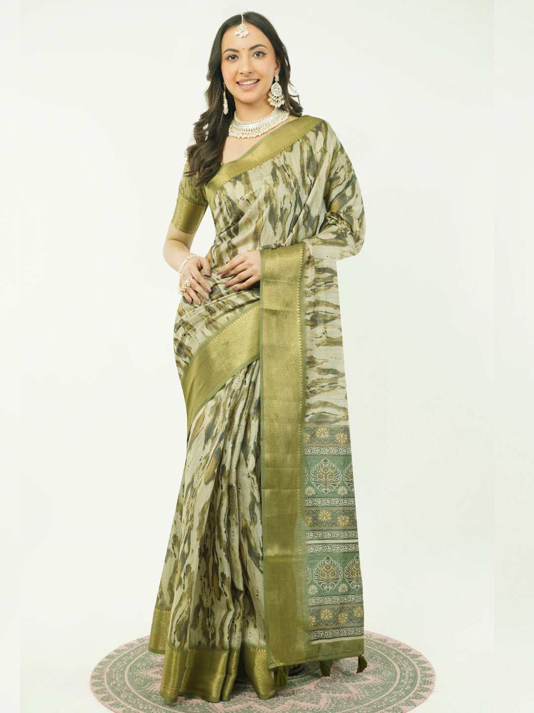 Olive Mehendi Marble Print Saree with Zari Border