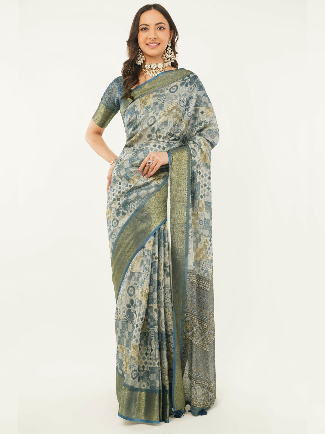 Slate Blue Patchwork Print Saree with Zari Border