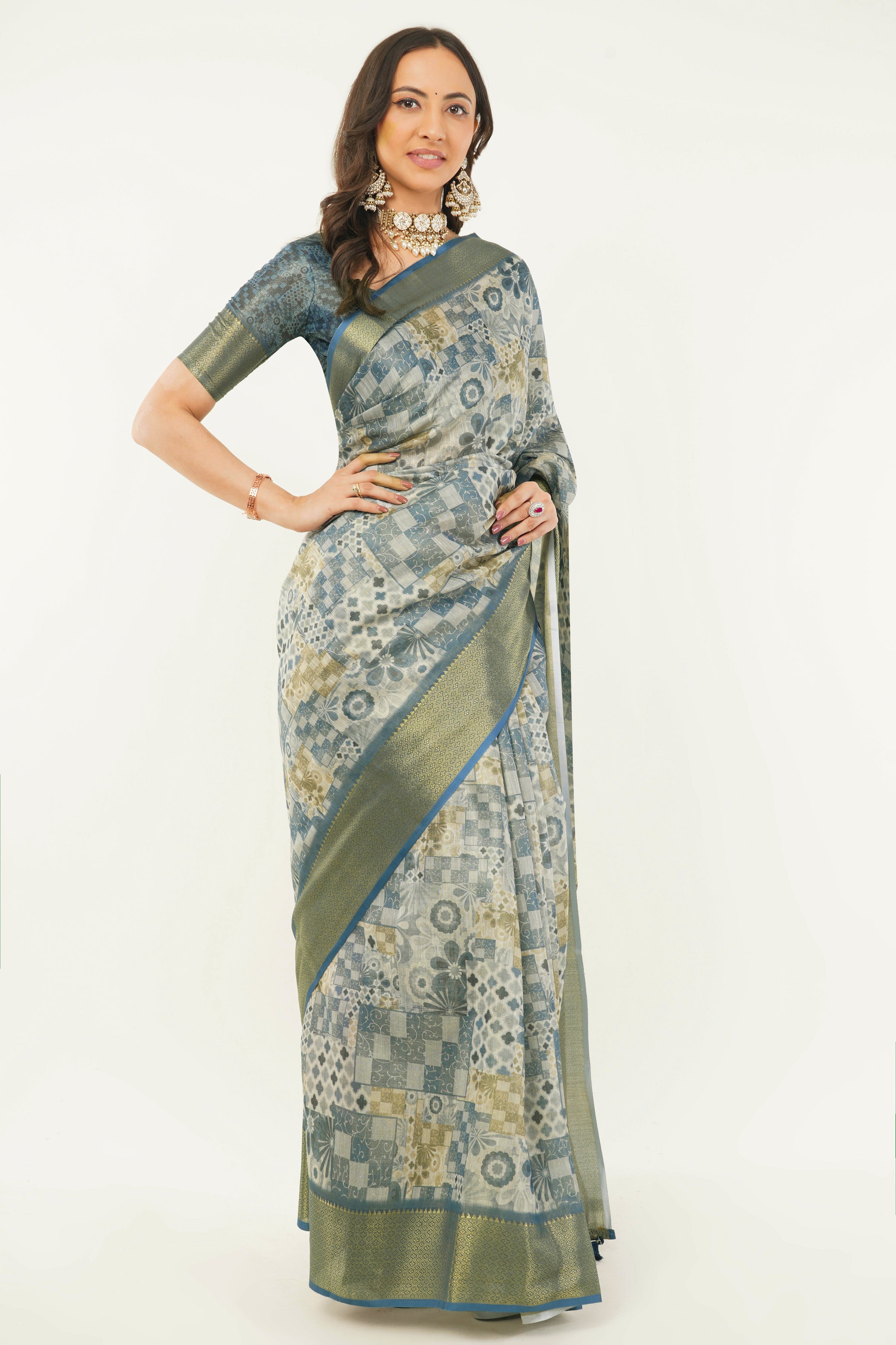 Slate Blue Patchwork Print Saree with Zari Border