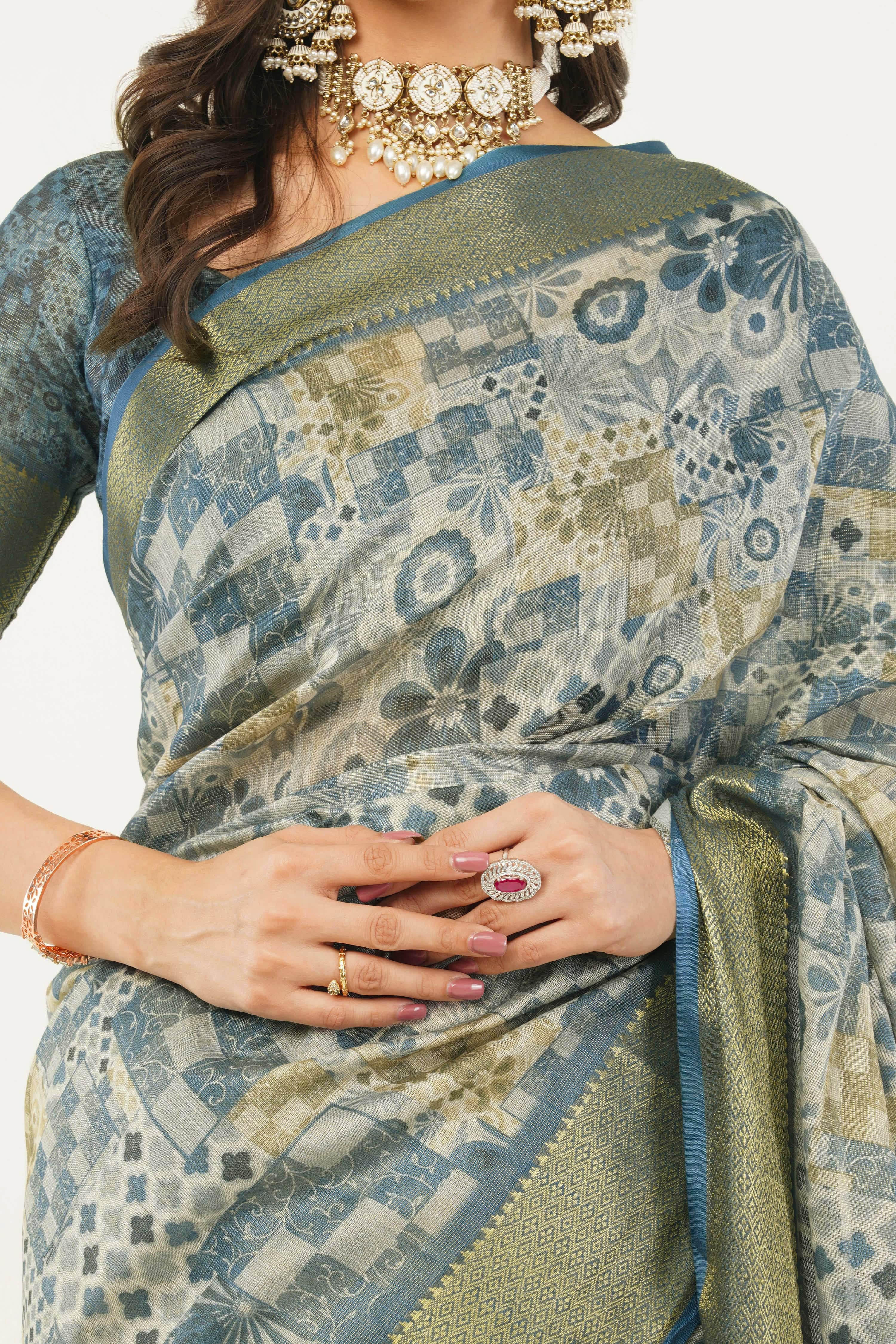 Slate Blue Patchwork Print Saree with Zari Border