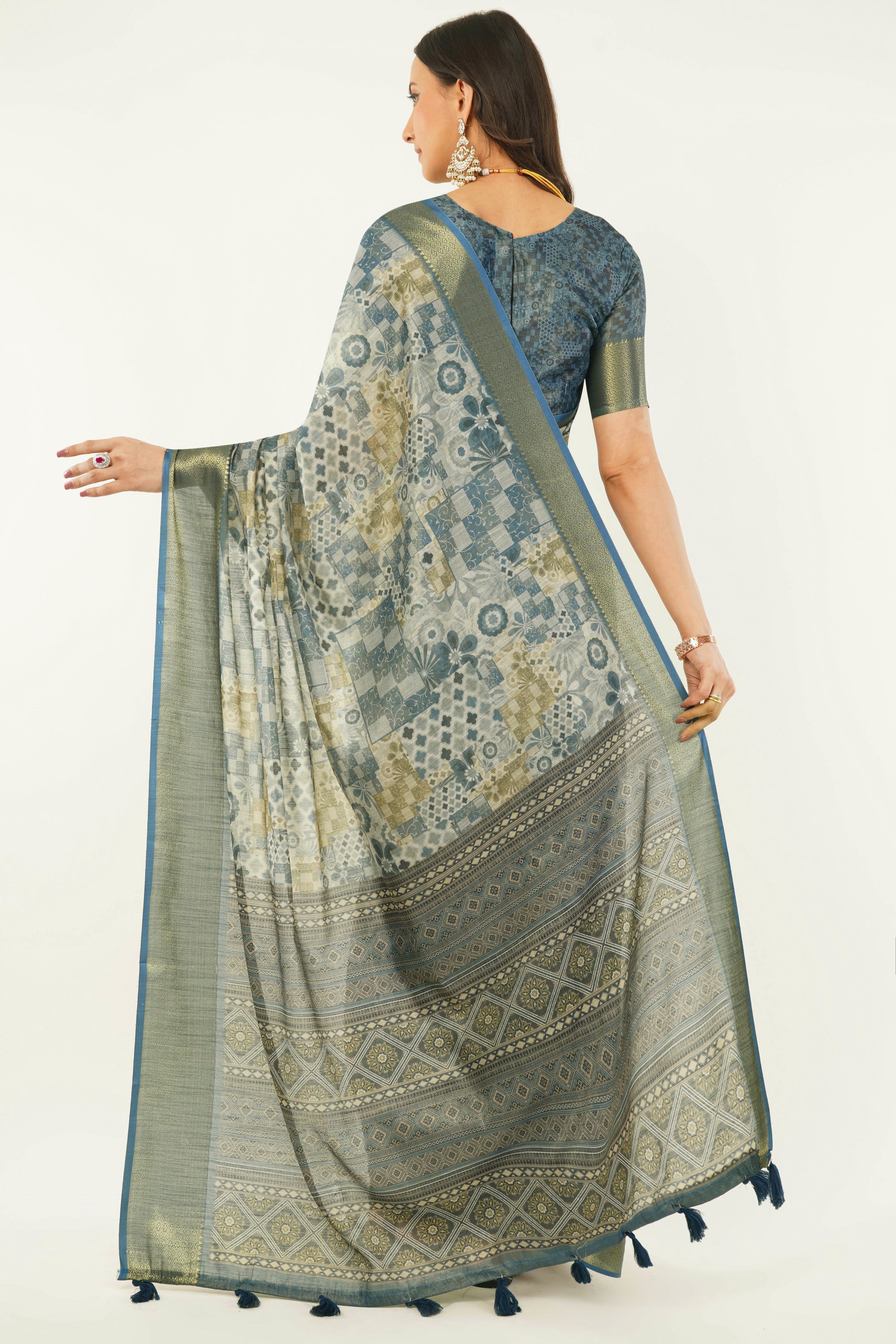 Slate Blue Patchwork Print Saree with Zari Border