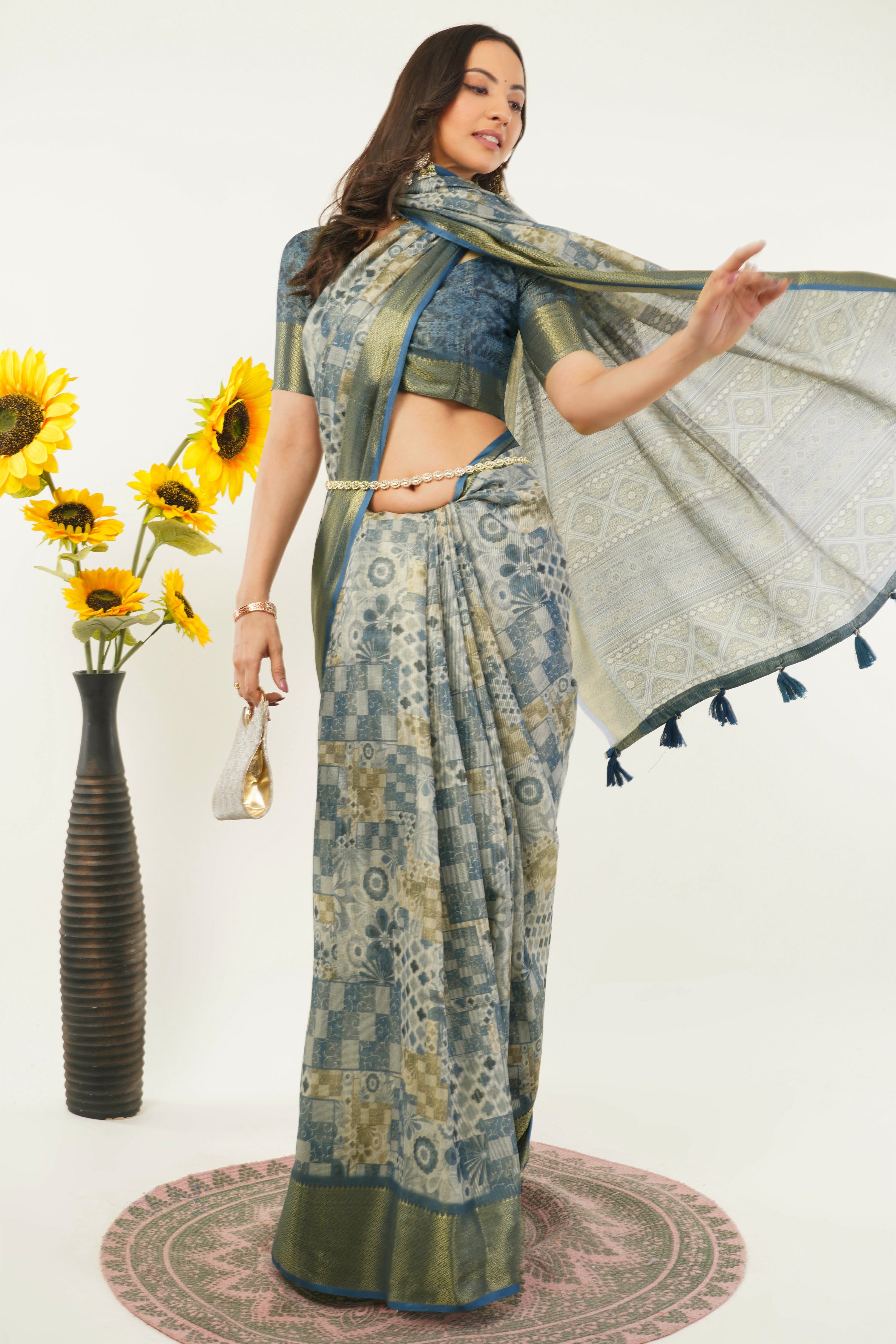 Slate Blue Patchwork Print Saree with Zari Border