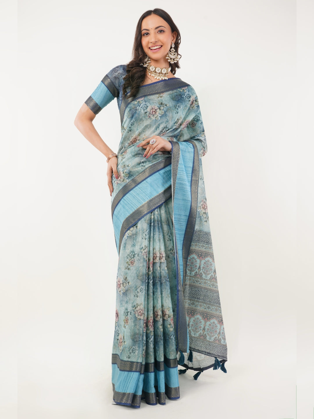 Cerulean Blue Floral Print Saree with Zari Border