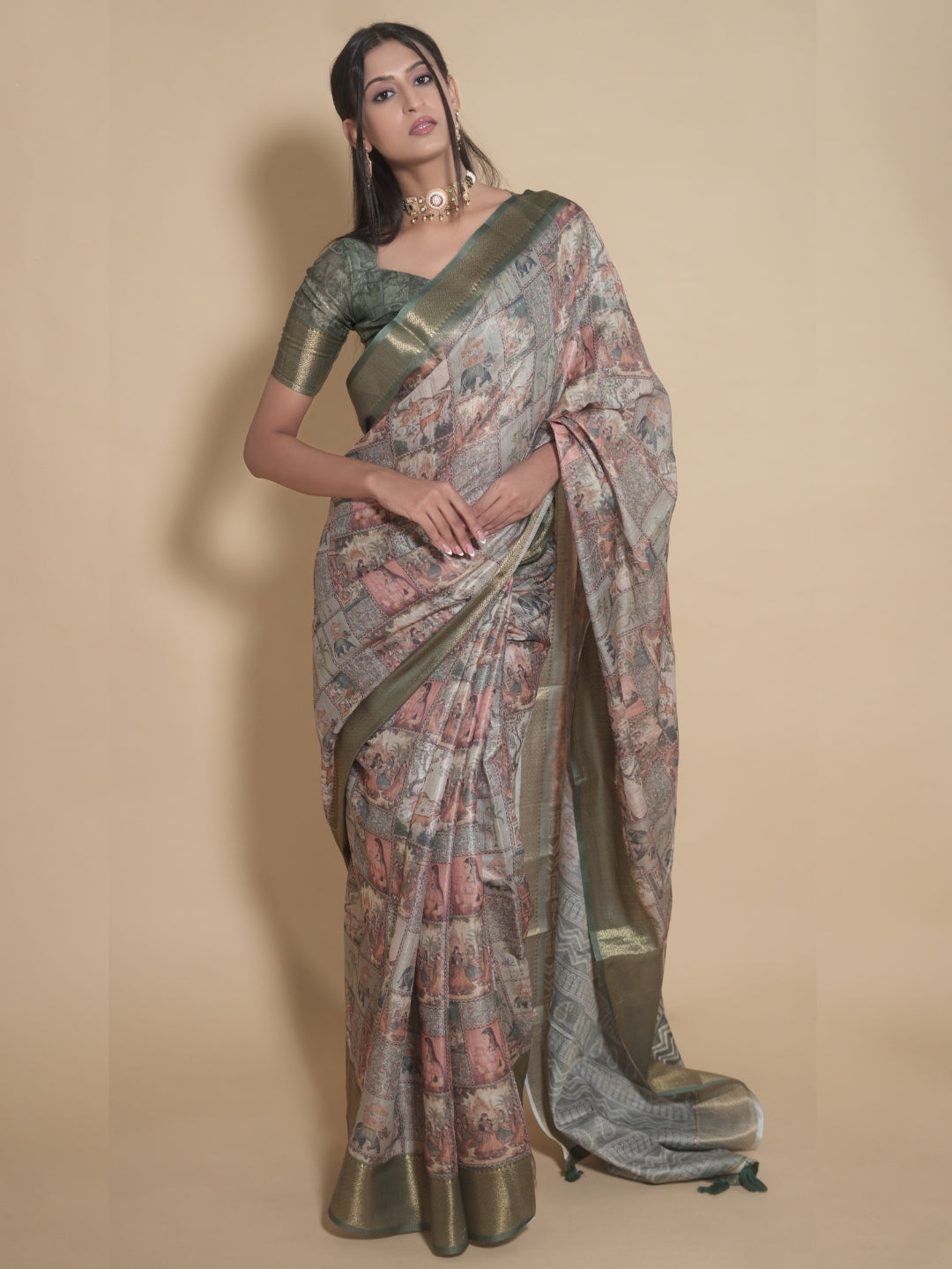 Earthy Multi-Tone Kalamkari Print Saree with Antique Zari Border