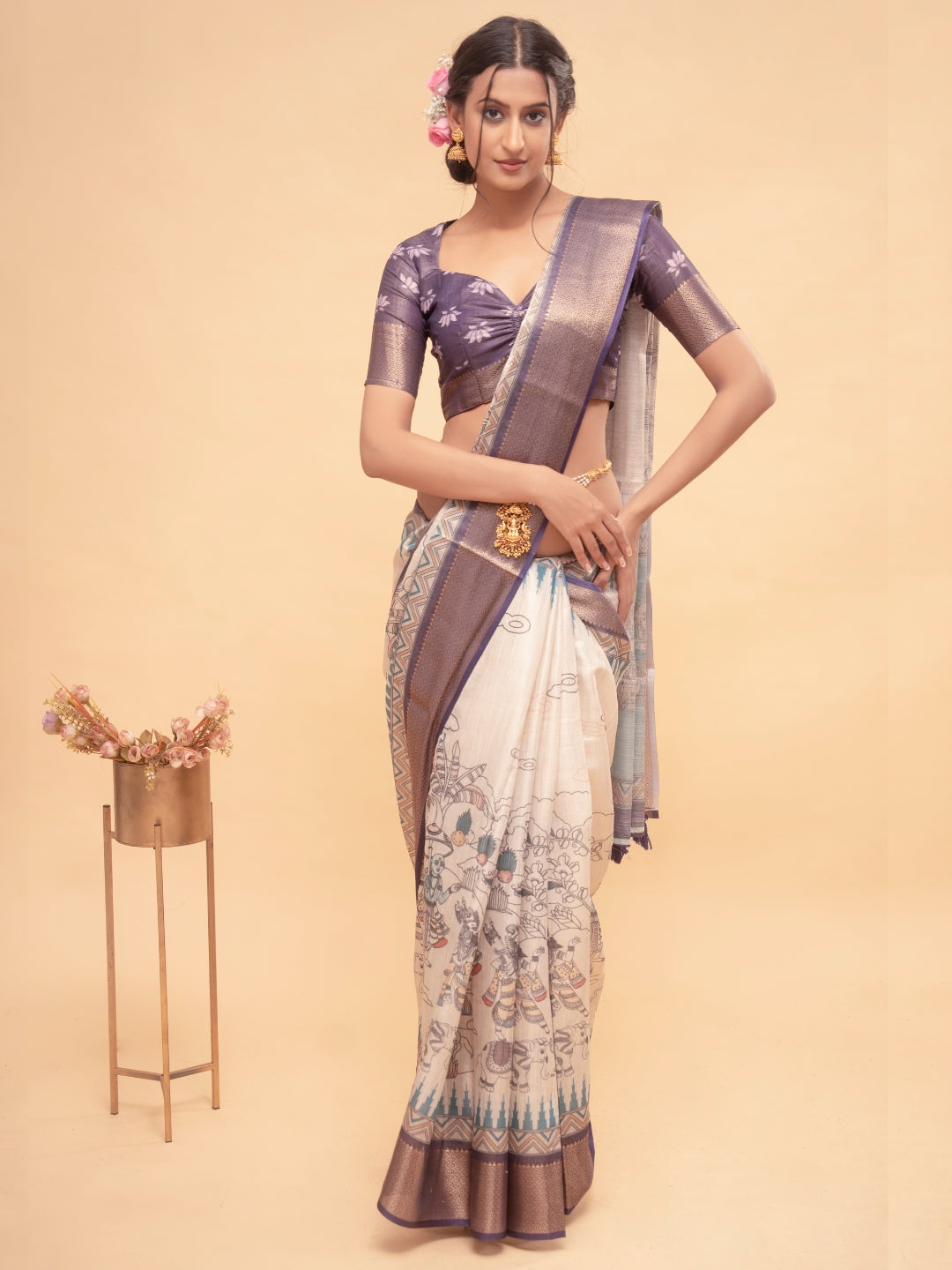 Off-White Illustrative Rural Life Print Saree with Mauve Blouse
