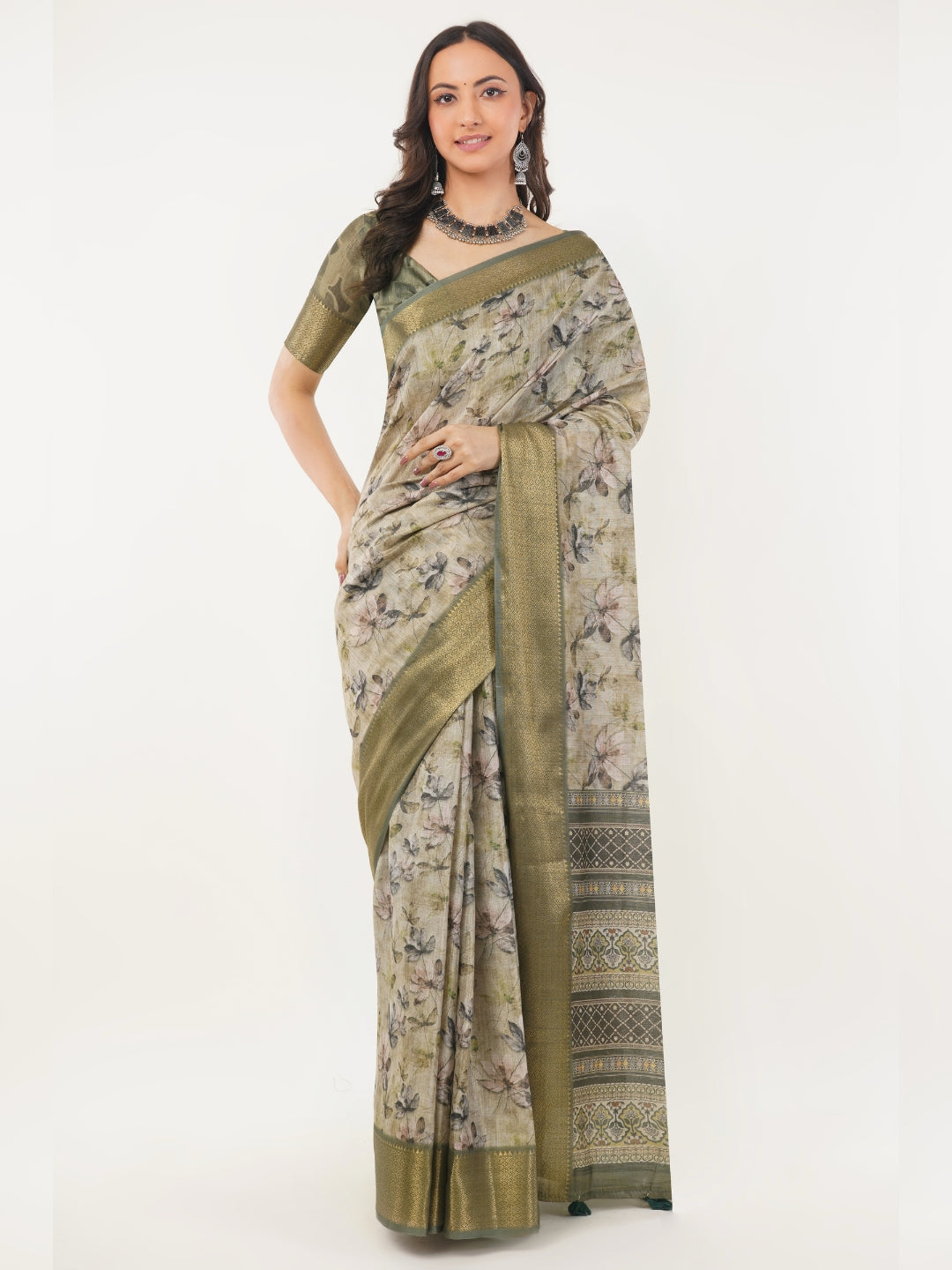 Sage Green Floral Botanical Print Saree with Antique Zari Border