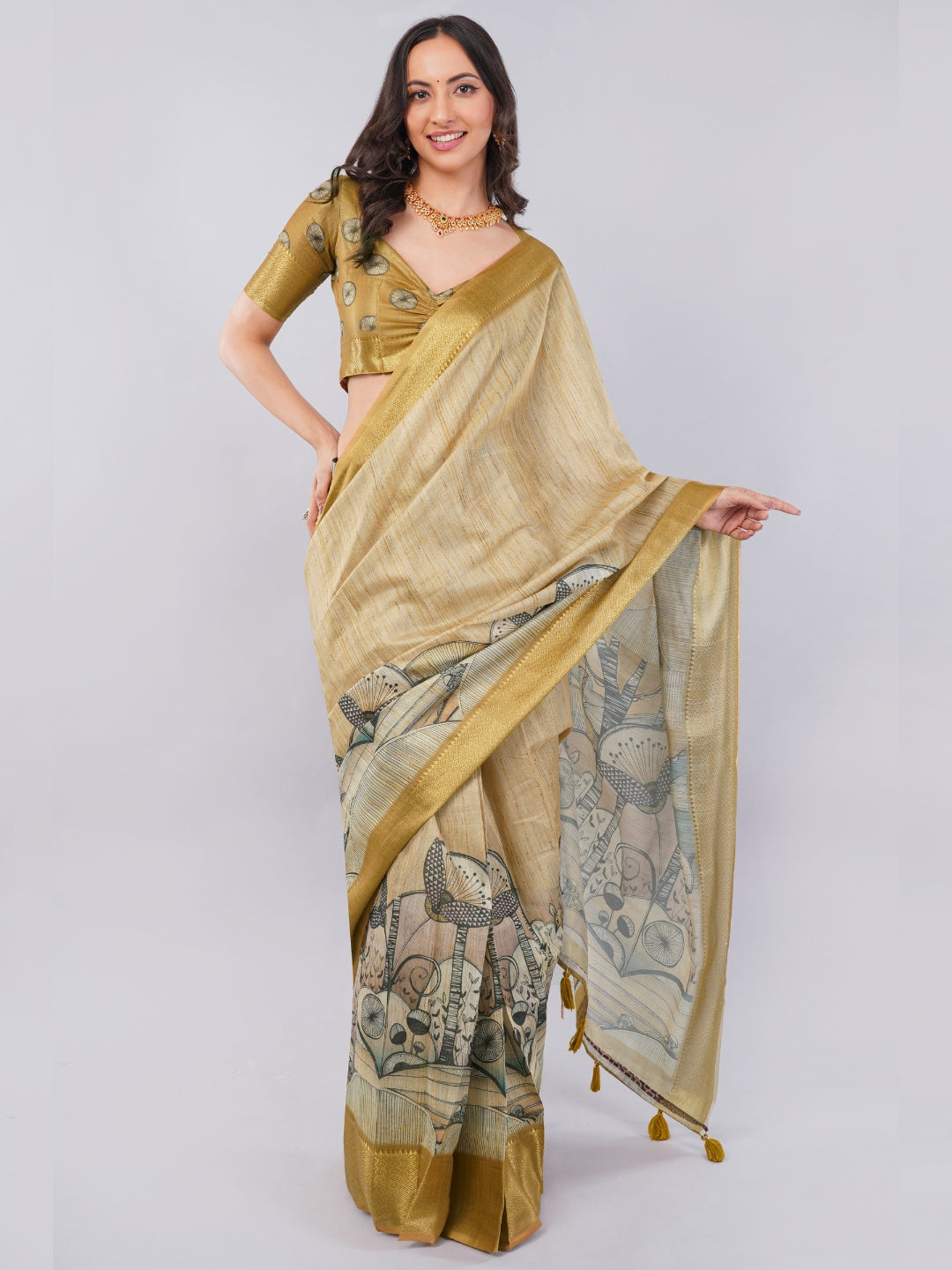 Golden Olive Ready-to-Wear Saree with Pocket