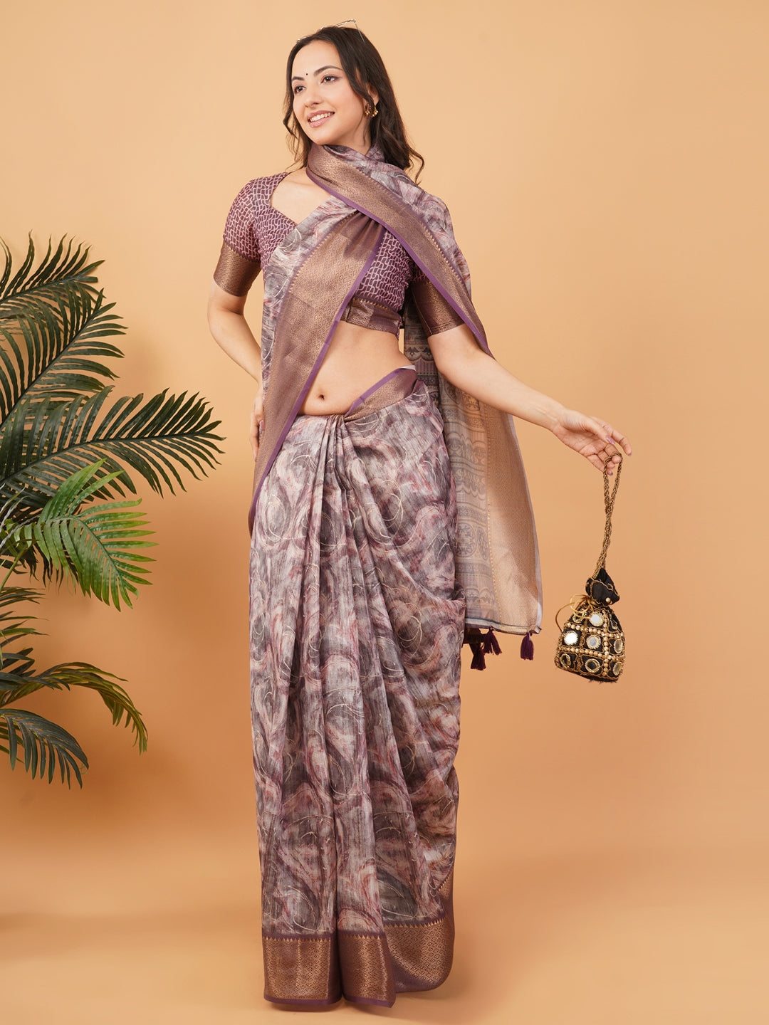 Mauve Marble Print Saree with Antique Gold Zari Border & Ruched Blouse