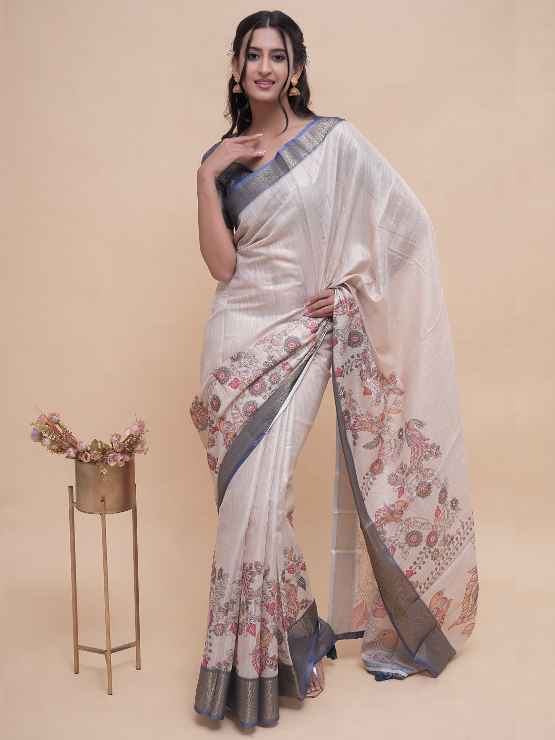 Cream Pen Kalamkari Print Saree with Steel Blue Zari Border