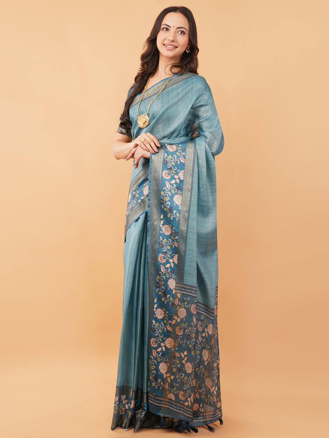 Teal Blue Textured Saree with Kalamkari Floral Border & Ruched Blouse