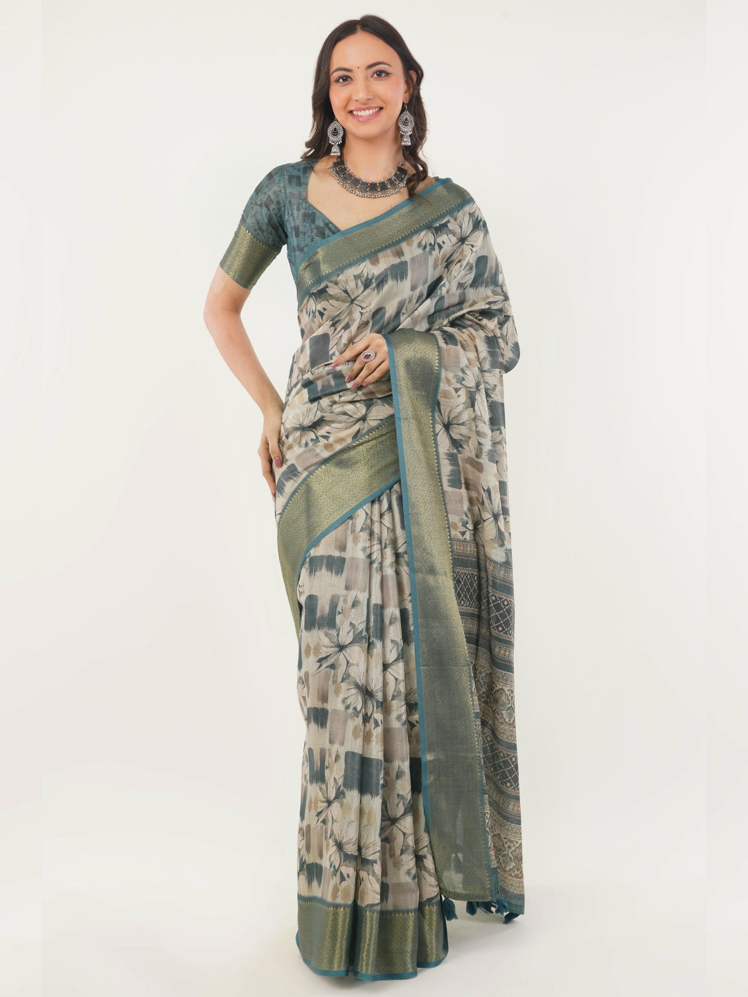 Off-White Floral Print Saree with Teal Zari Border