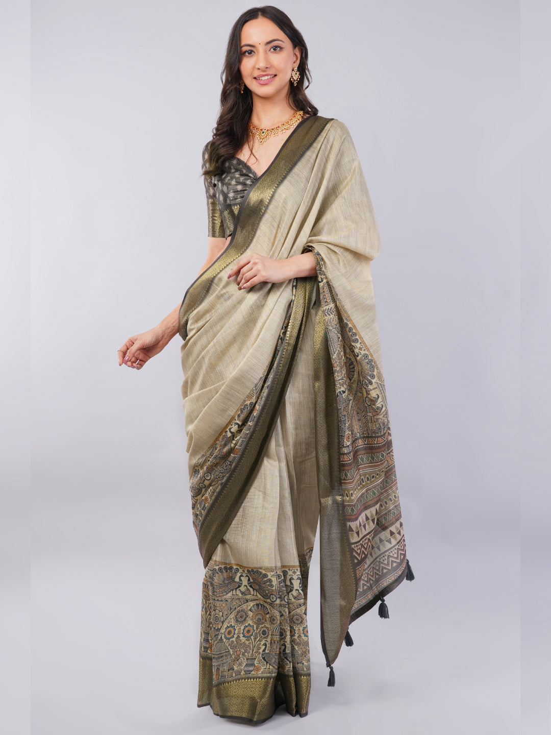 Earthy Grey Ready-to-Wear Printed Saree with Pocket