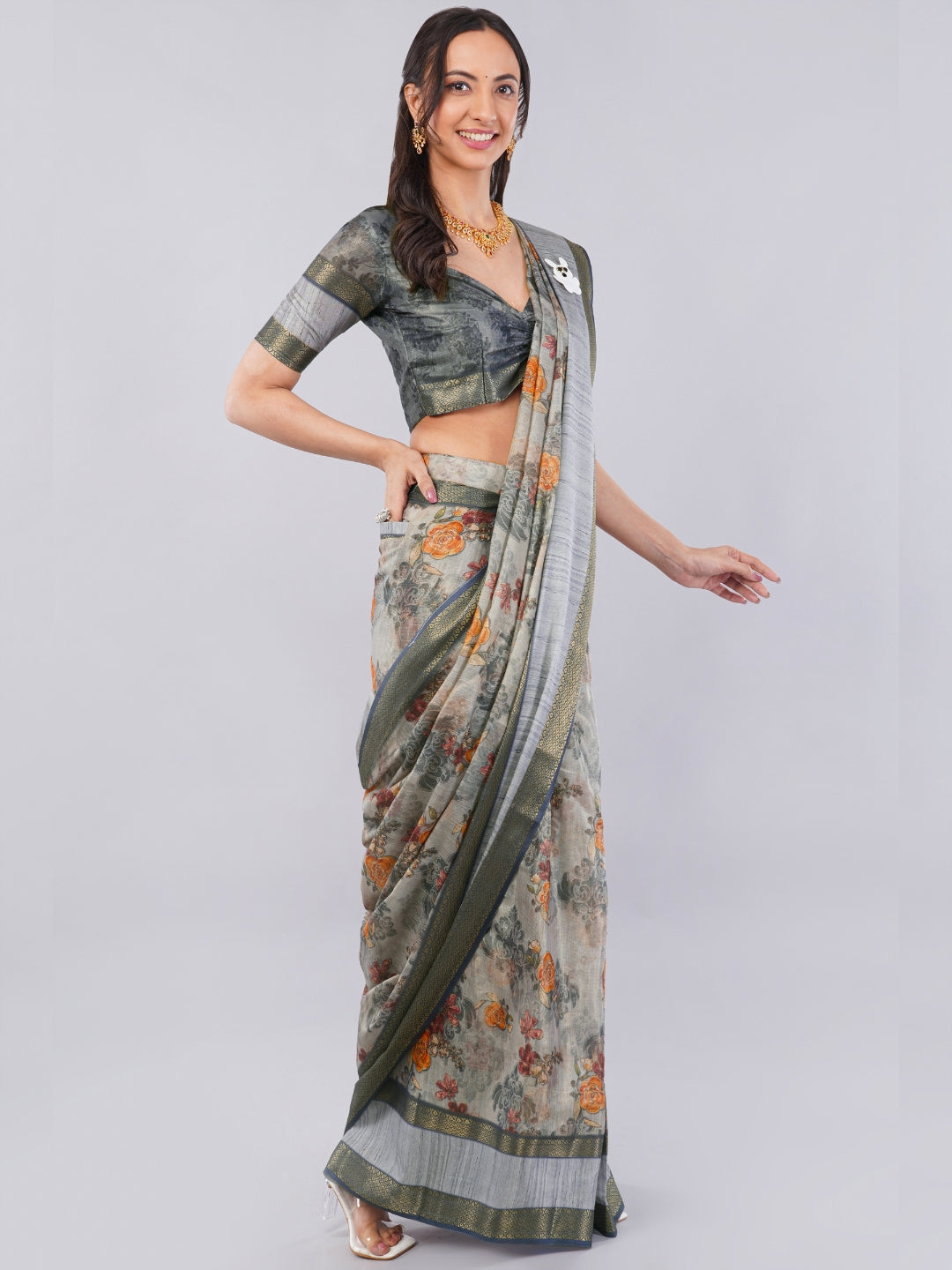 Silver Grey Floral Ready-to-Wear Saree with Pocket