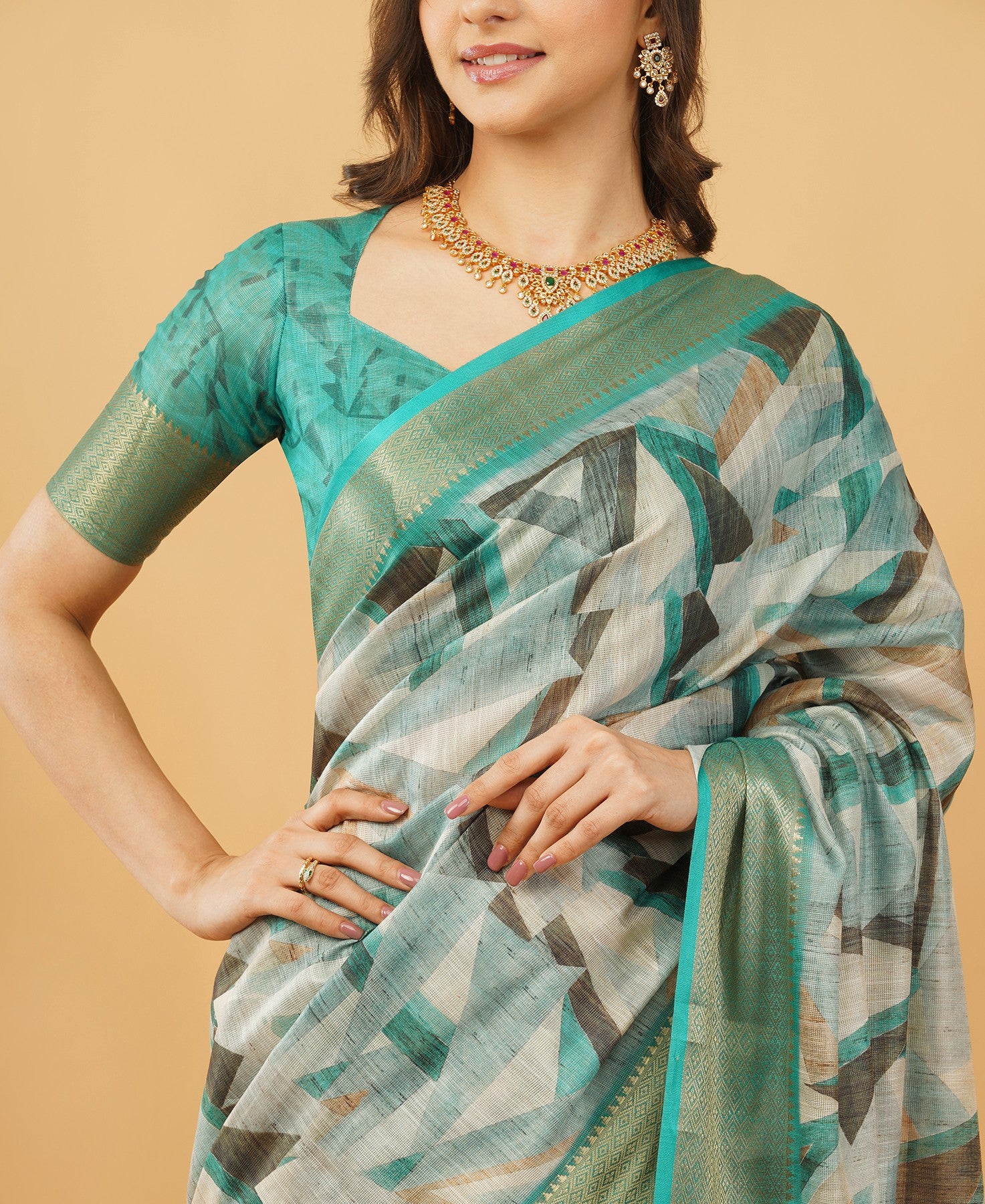Teal and Grey Geometric Print Saree with Dull Gold Zari Border