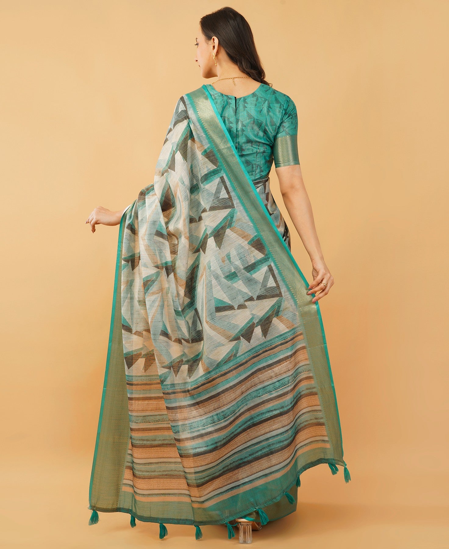 Teal and Grey Geometric Print Saree with Dull Gold Zari Border