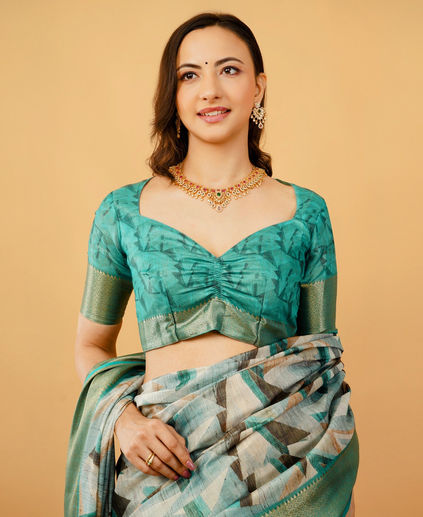 Teal and Grey Geometric Print Saree with Dull Gold Zari Border