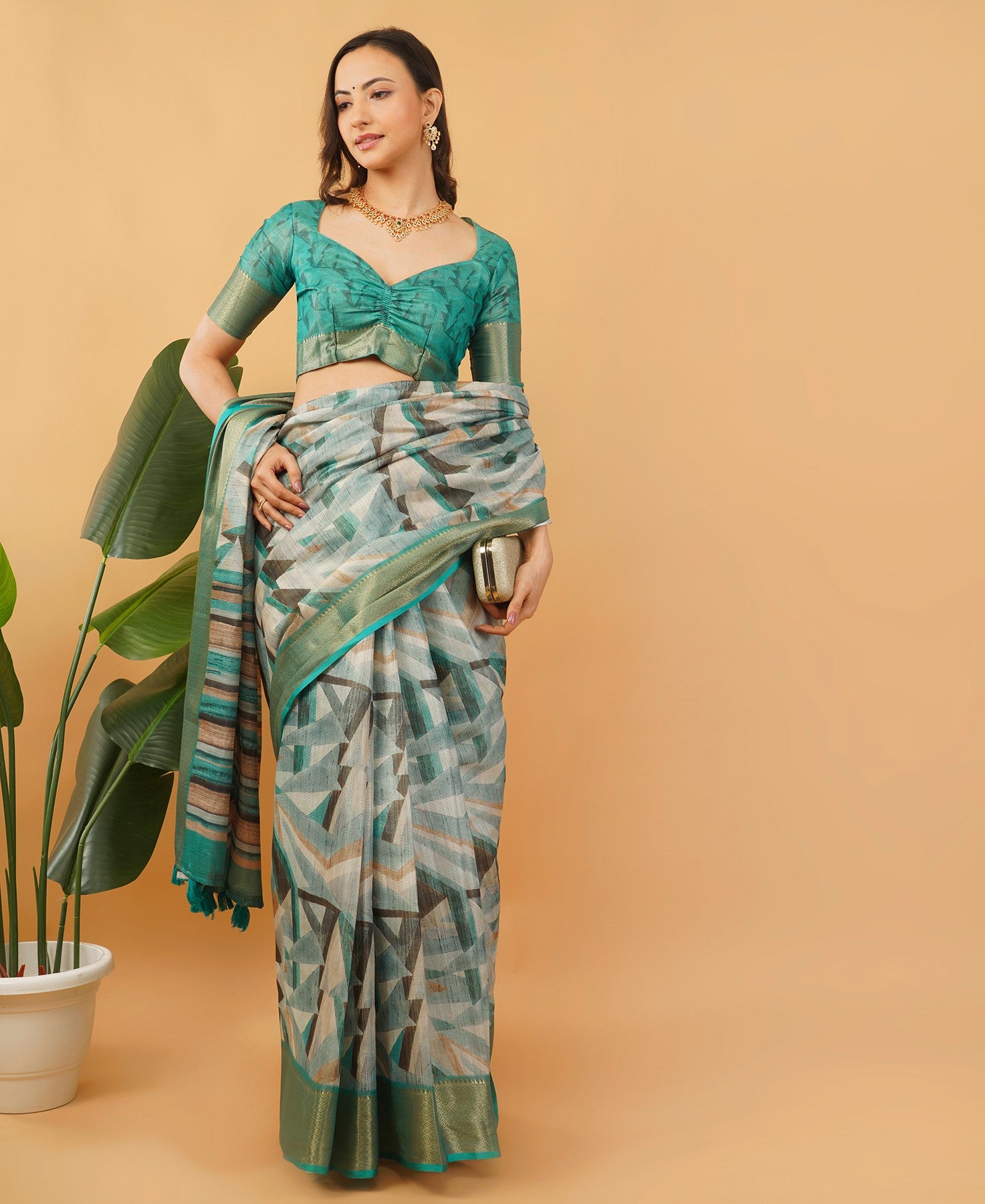 Teal and Grey Geometric Print Saree with Dull Gold Zari Border