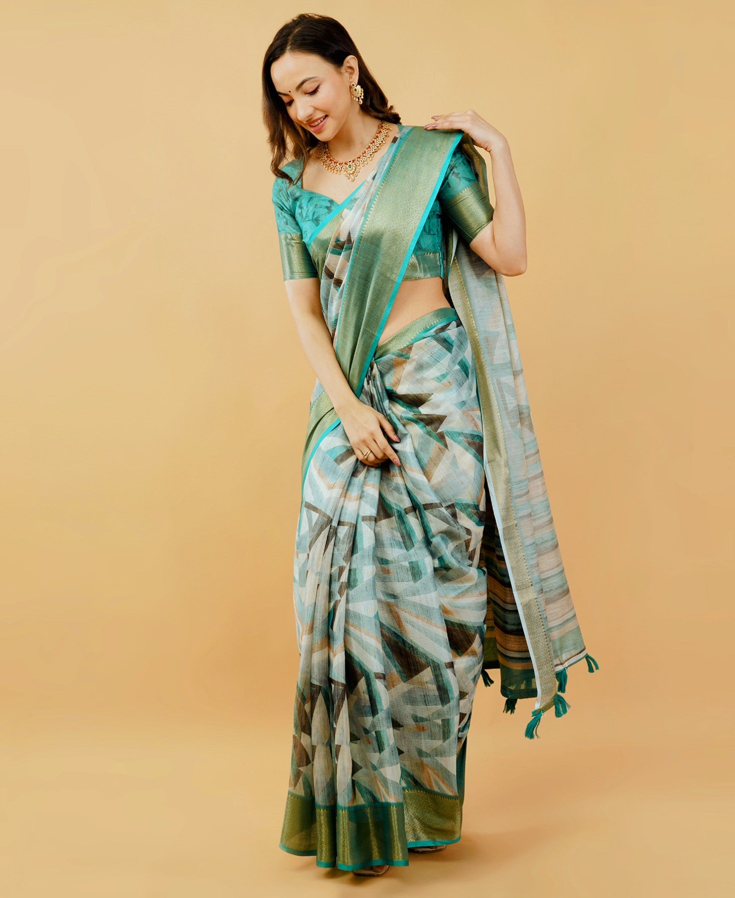 Teal and Grey Geometric Print Saree with Dull Gold Zari Border