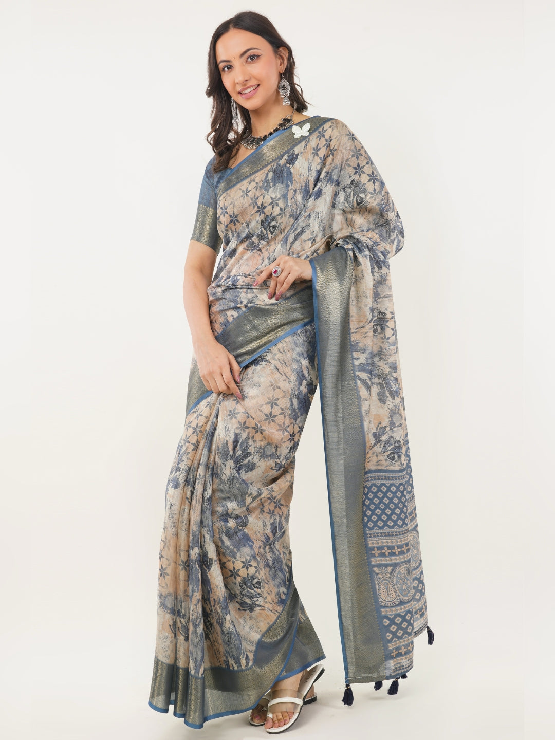 Dusty Blue & Beige Abstract Print Saree with Zari Border