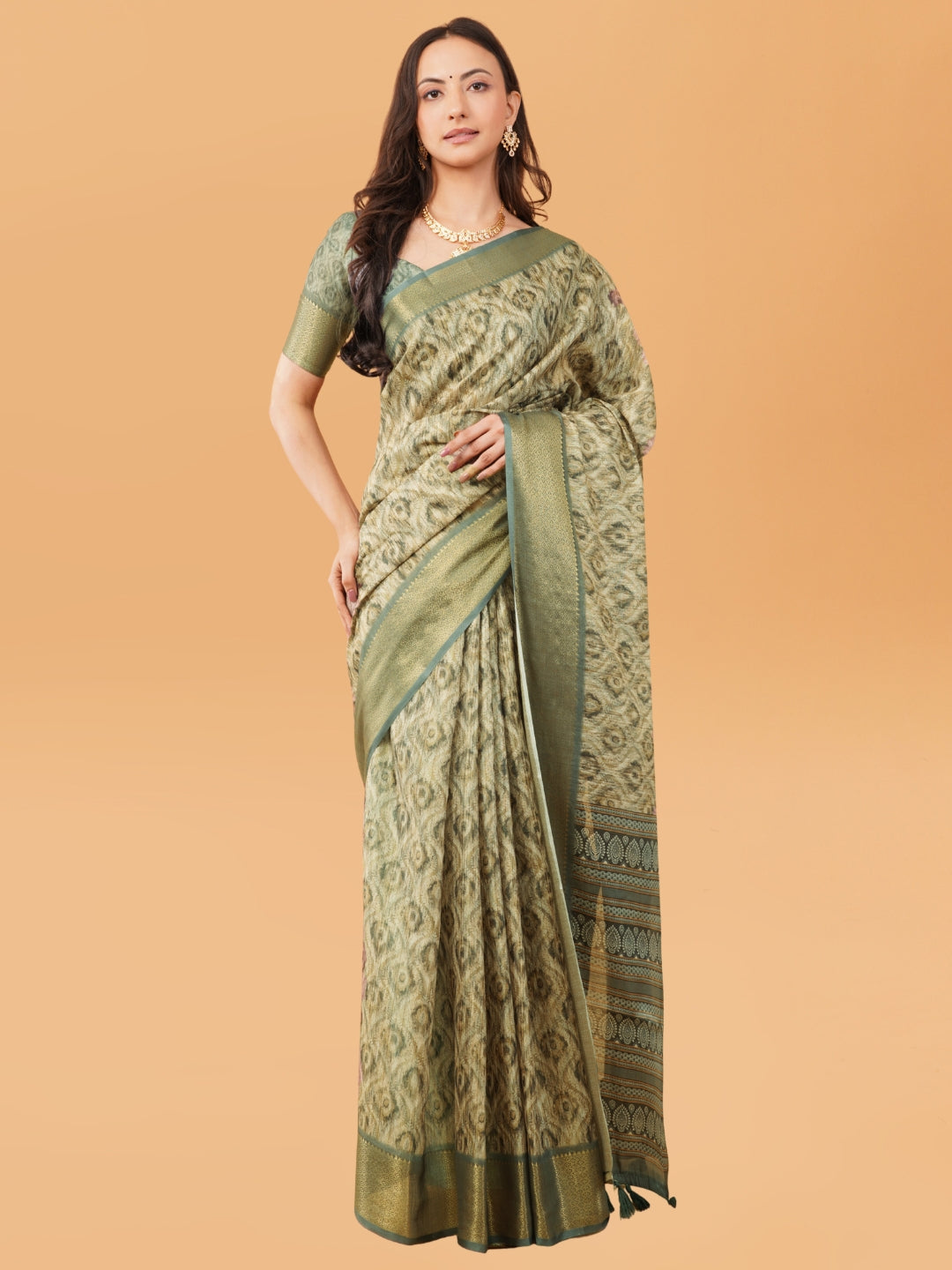 Slate Grey & Earthy Beige Abstract Block-Print Saree with Antique Zari Border