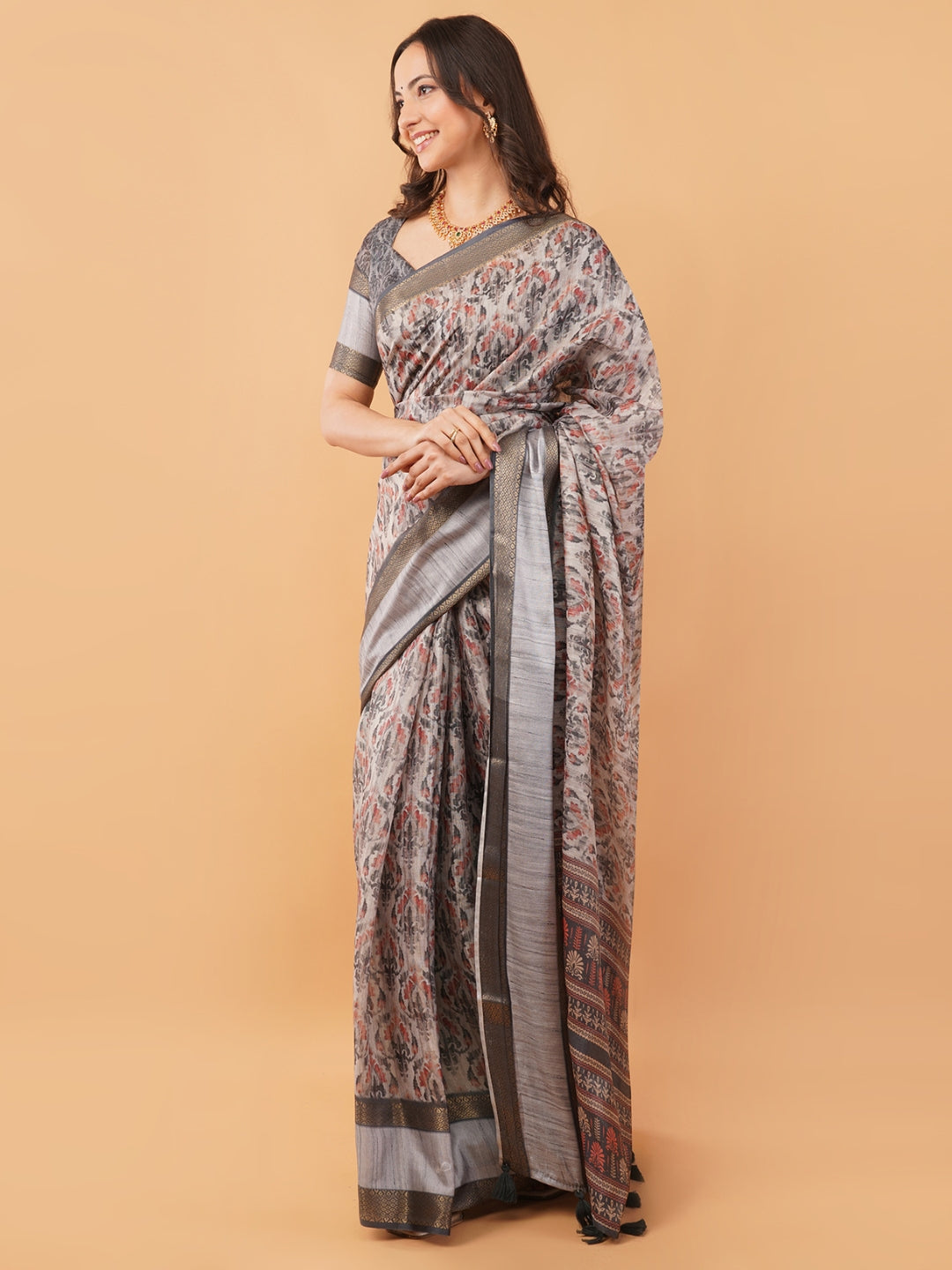 Slate Grey & Cream Abstract Floral Saree with Zari Border & Ruched Blouse