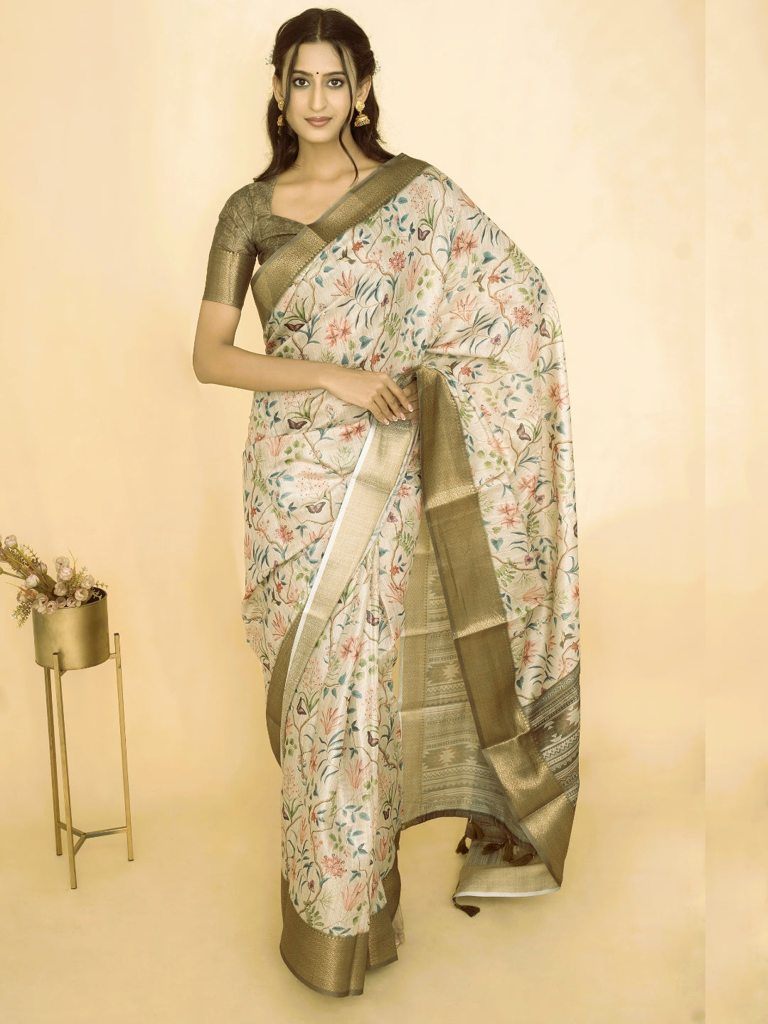 Off-White Botanical Print Saree with Bronze Zari Border