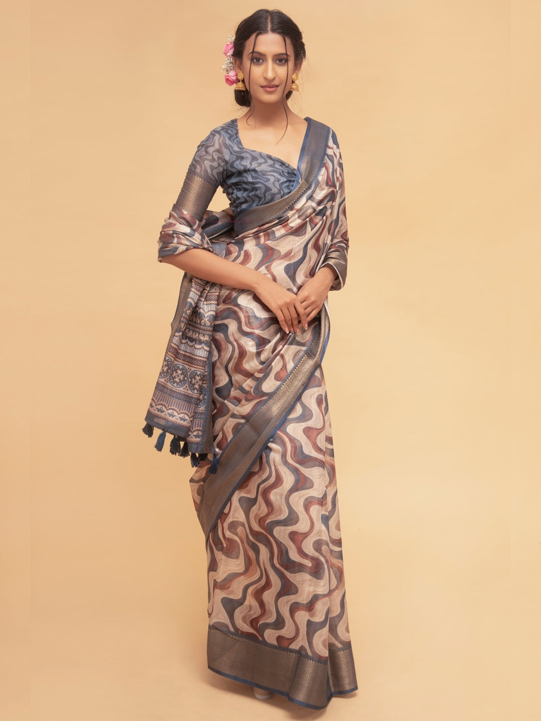Indigo and Mocha Abstract Wavy Print Saree with Antique Zari Border