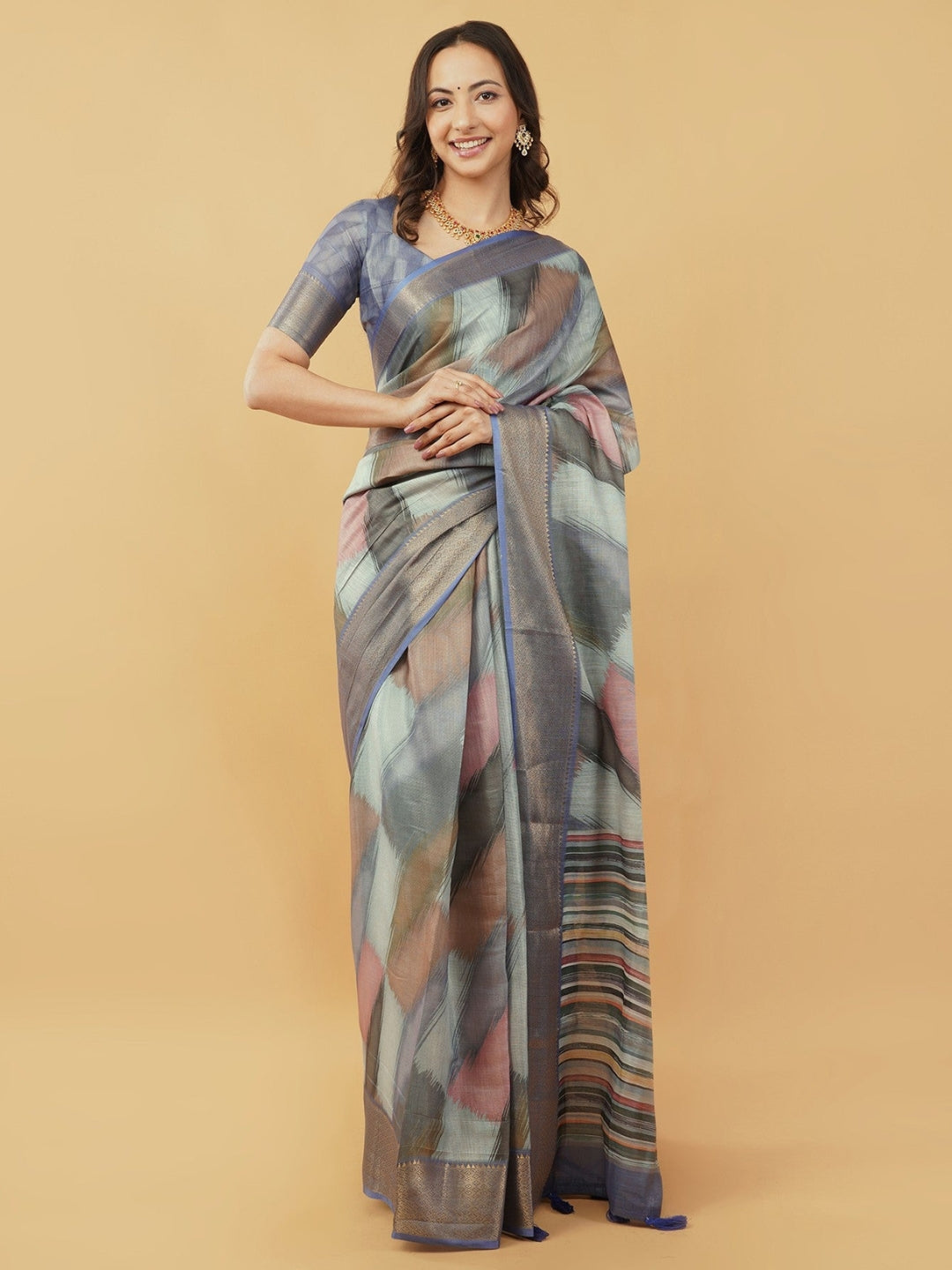 Slate Blue & Mauve Ikat-Inspired Abstract Saree with Ruched Sweetheart Blouse
