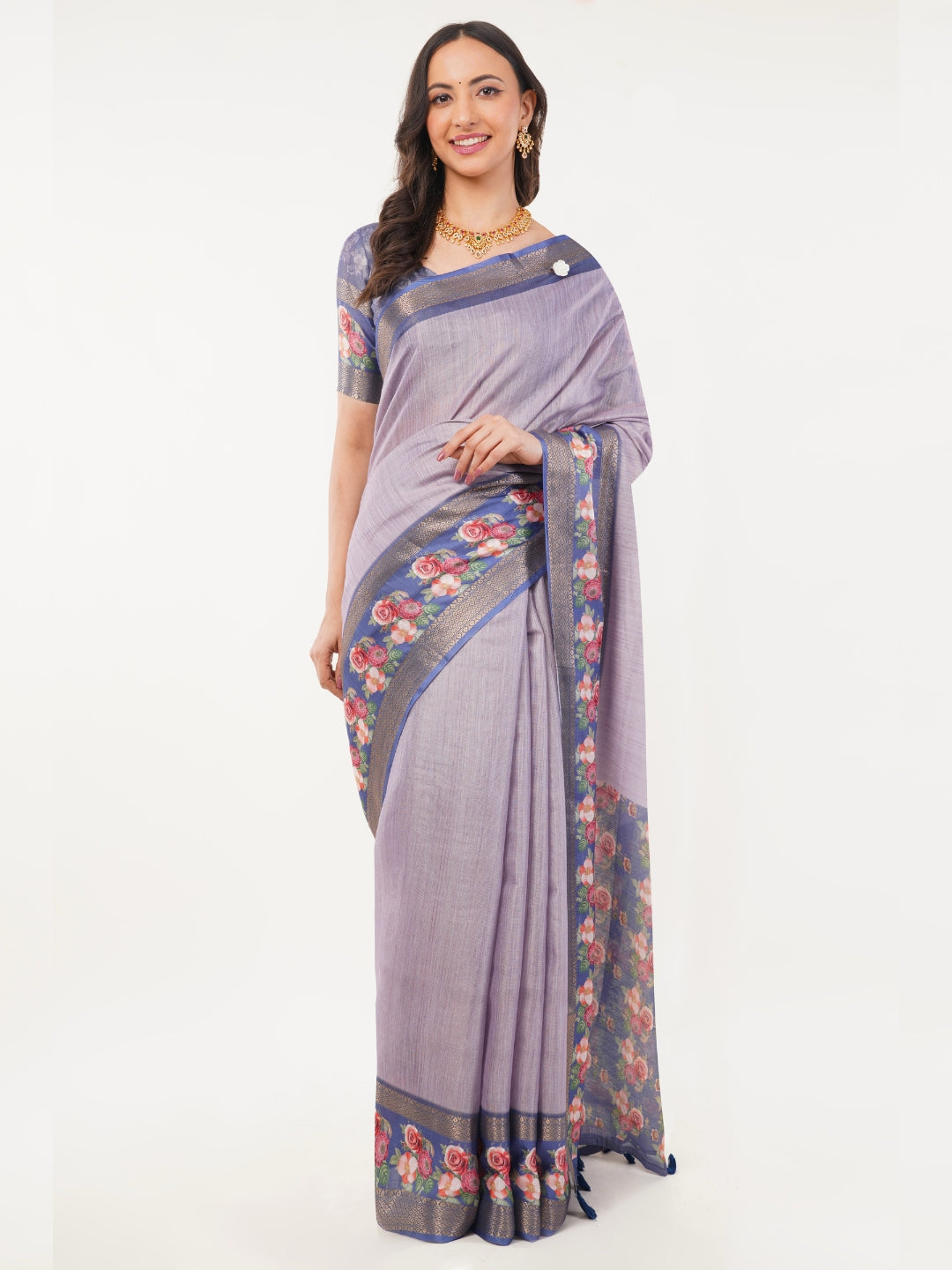 Lilac Textured Saree with Royal Blue Floral Border